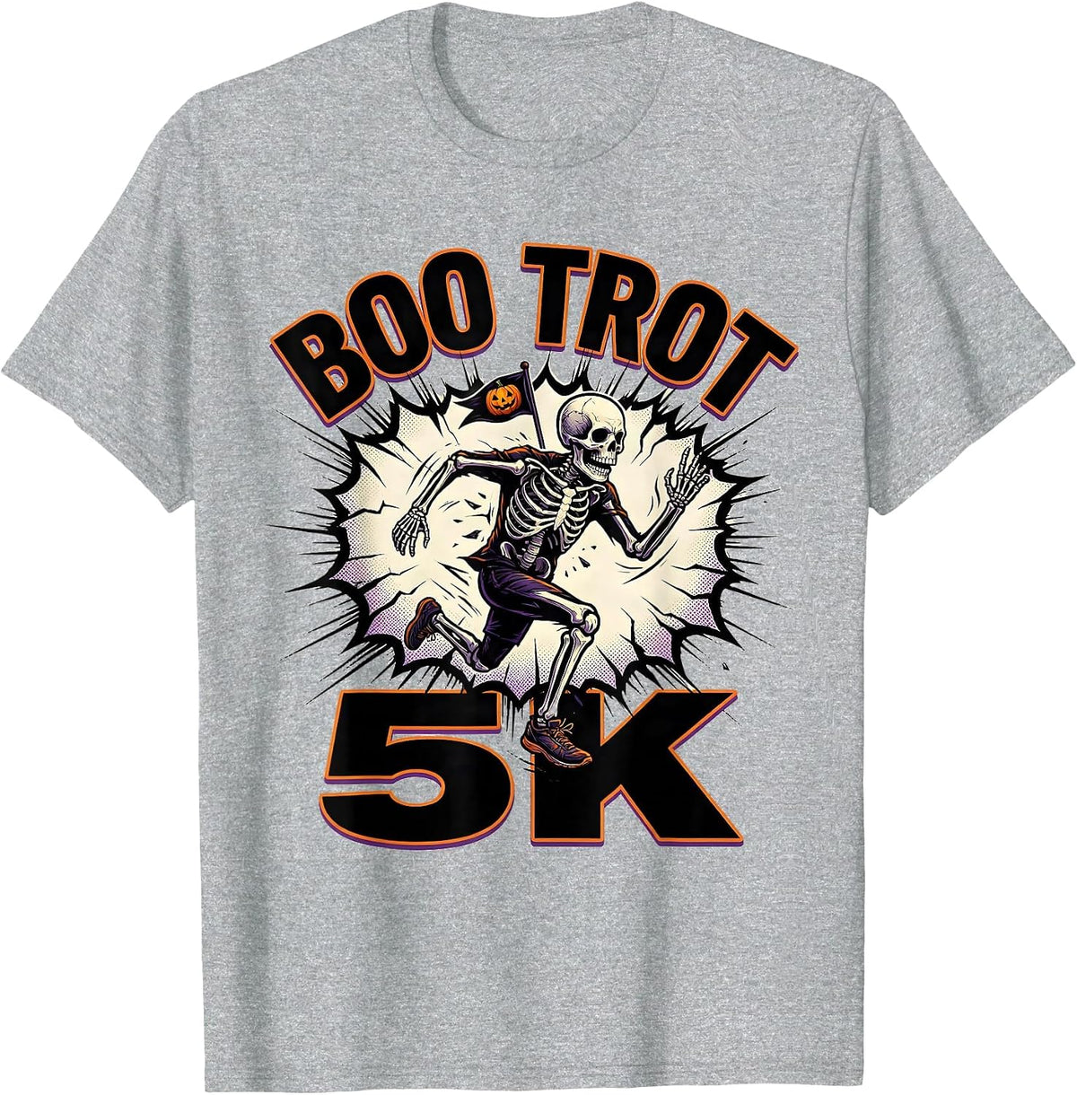 Men's Boo Trot 5K Comic Book Skeleton Runner Halloween Fun Run T-Shirt - Heather Grey