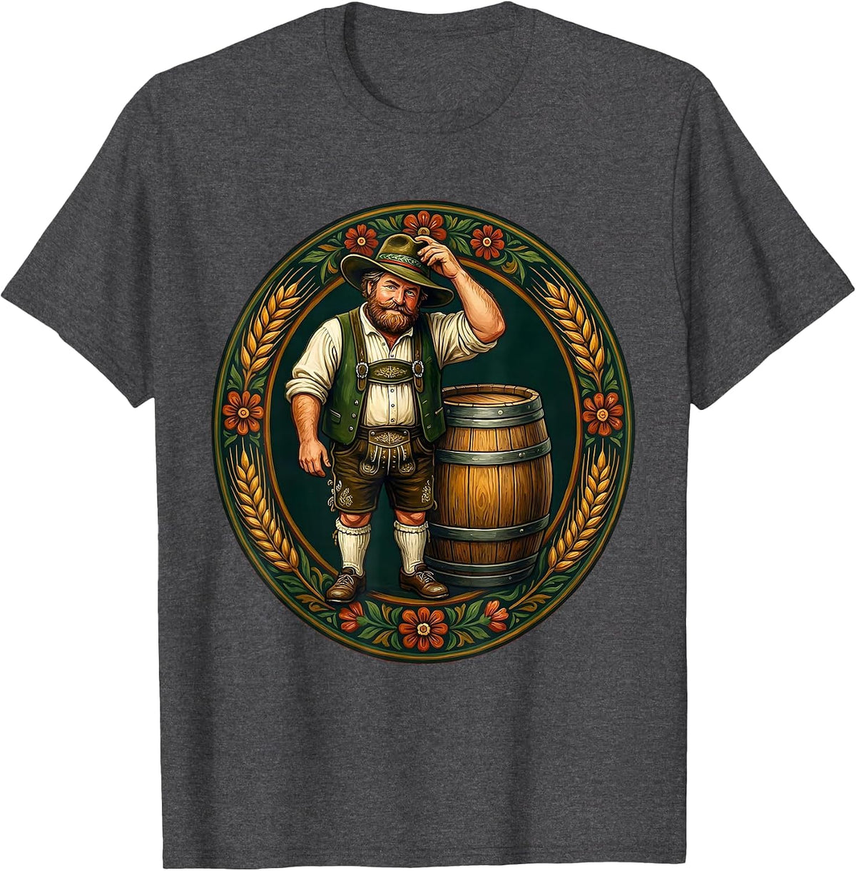 Oktoberfest Keg Hat Tip Illustration T-Shirt - Dark Heather Grey