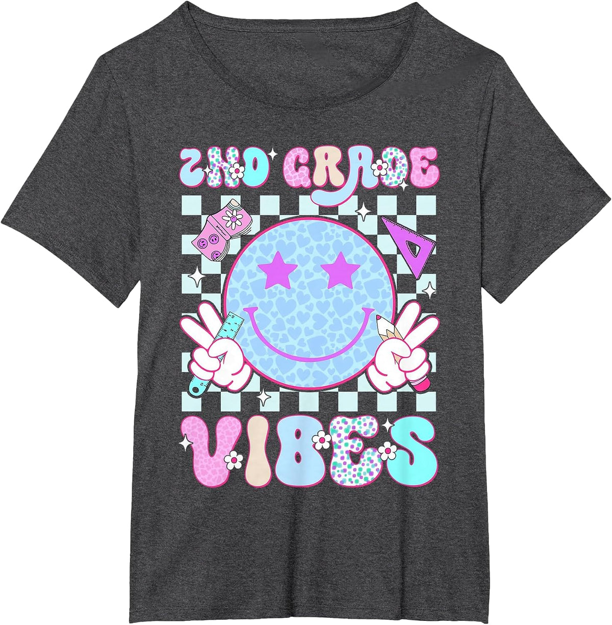 2nd Second Grade Vibes Smile Face Back to School Girl T-Shirt - Dark Heather Grey