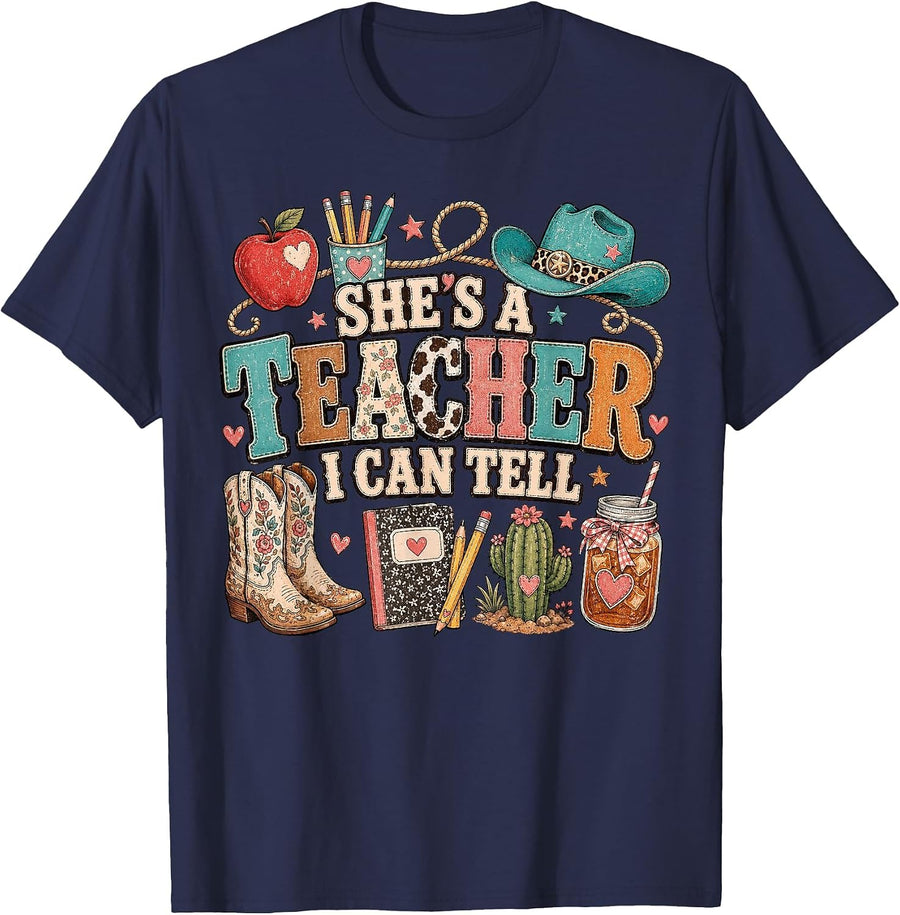 She's A Teacher I Can Tell Back to School Western Classroom T-Shirt - Navy Blue