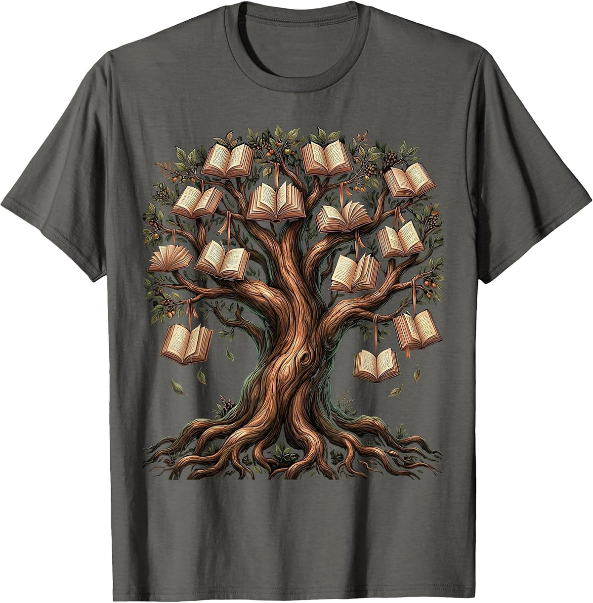 Men's Knowledge Tree Book Lover Graphic Design T-Shirt - Asphalt Grey