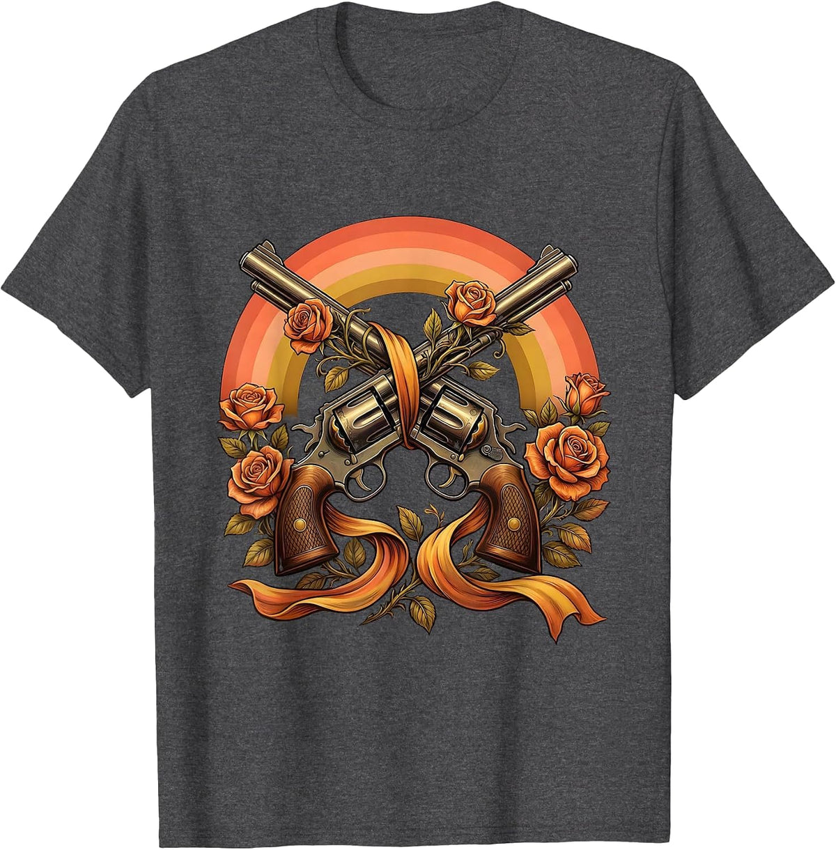 Crossed Revolvers Roses and Ribbon Cowboy Design T-Shirt - Dark Heather Grey