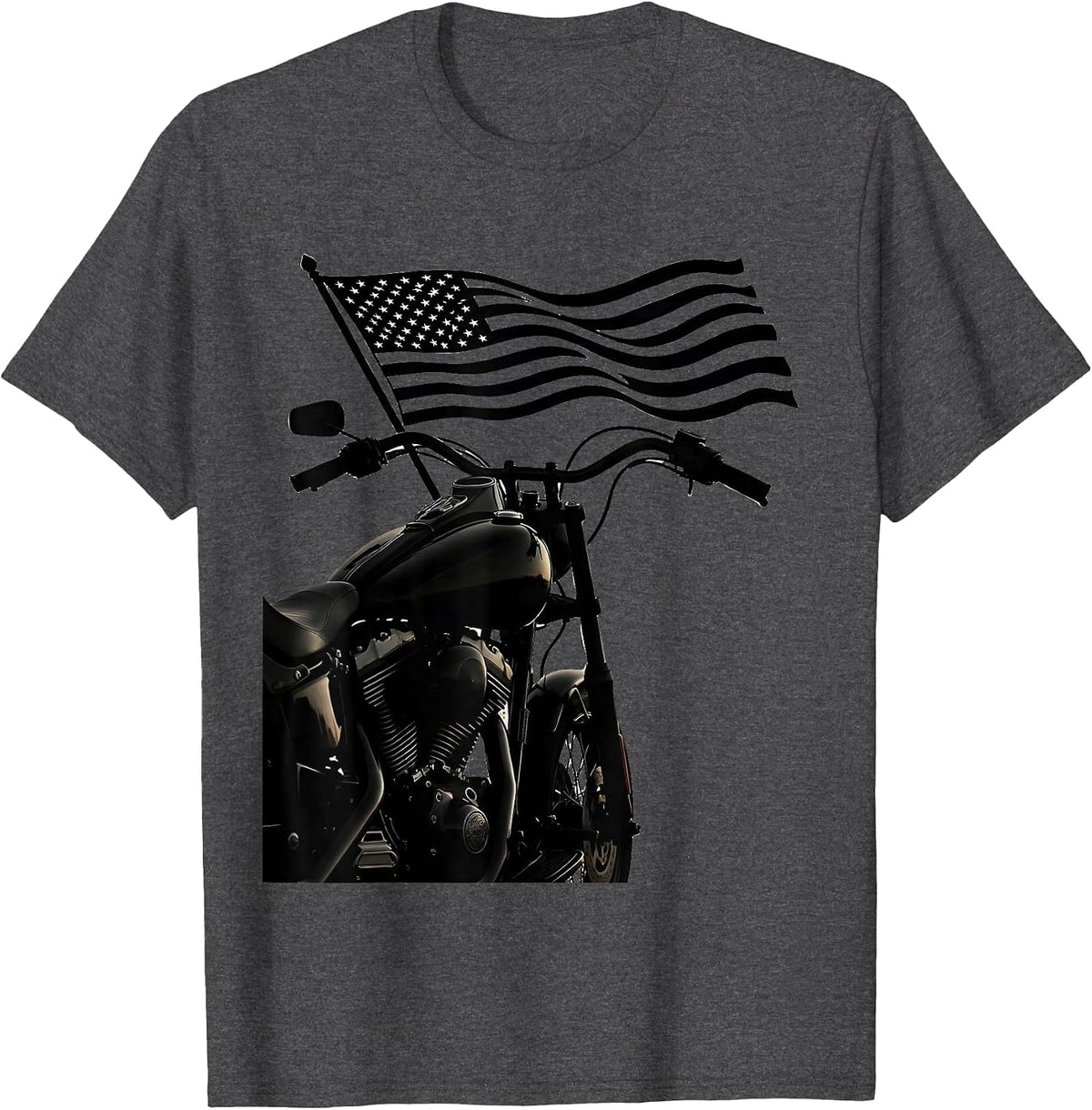 American Flag Vintage Motorcycle Handlebar Graphic T-Shirt - Dark Heather Grey