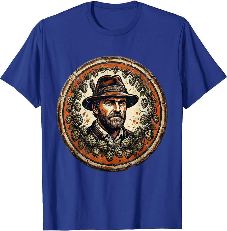 Oktoberfest Alpine Hat Hops Vines Illustration T-Shirt - Royal Blue