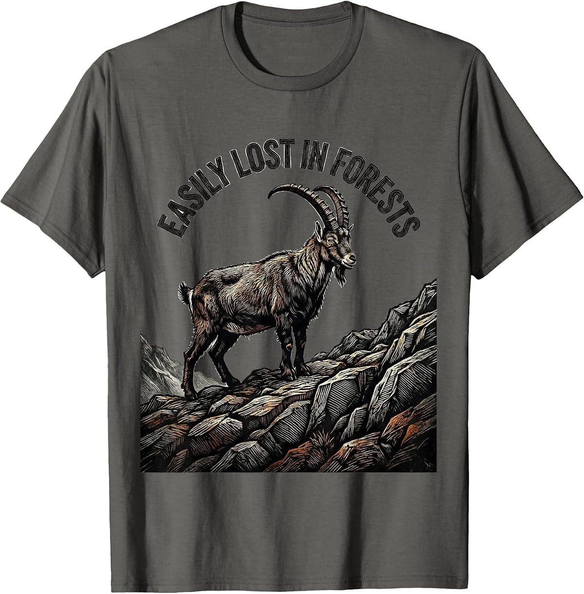 Men's Easily Lost In Forests Woodcut Engraving Forest Wildlife T-Shirt - Asphalt Grey