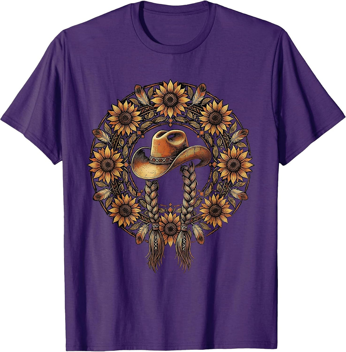 Braided Hair Cowboy Hat Western Illustration T-Shirt - Purple