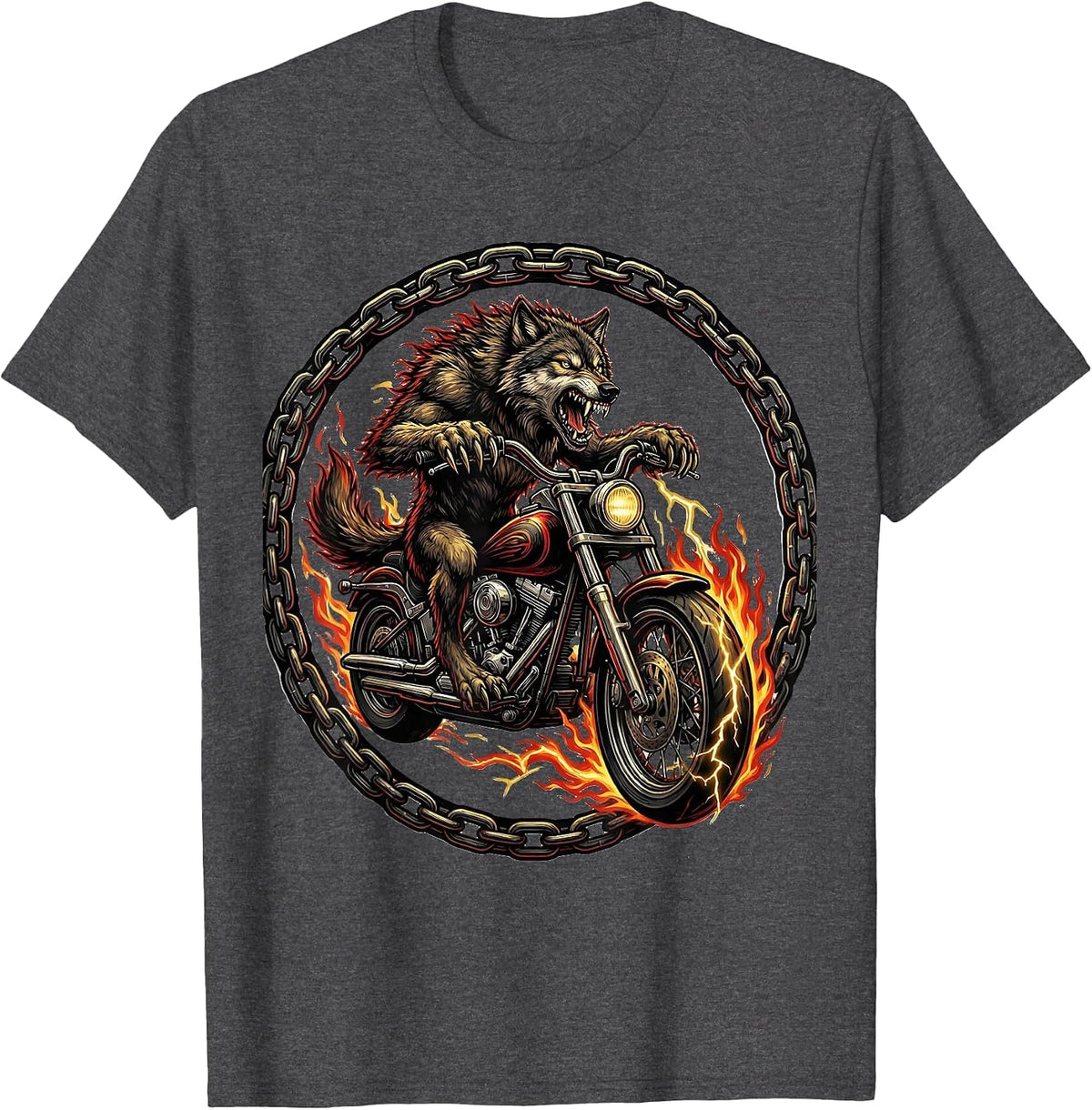Men's Wolf Riding Chopper Motorcycle Biker Graphic T-Shirt - Dark Heather Grey
