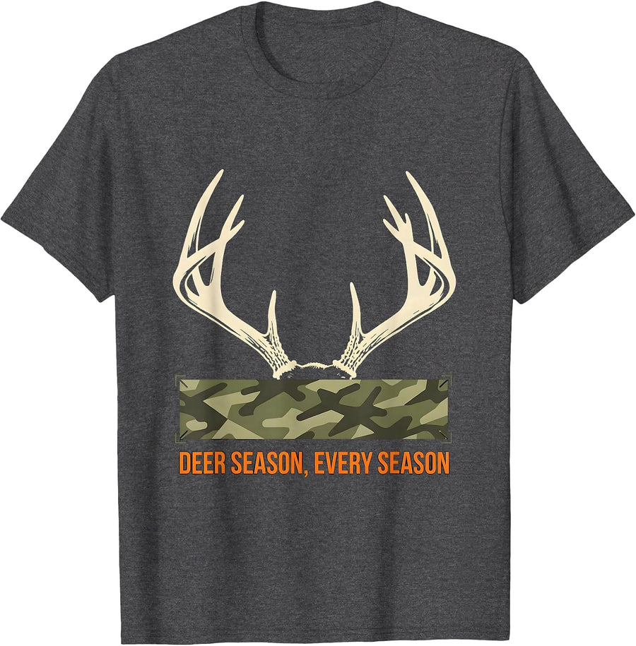 Men's Deer Season Every Season Stencil Graphic Camo Dad Humor T-Shirt - Dark Heather Grey