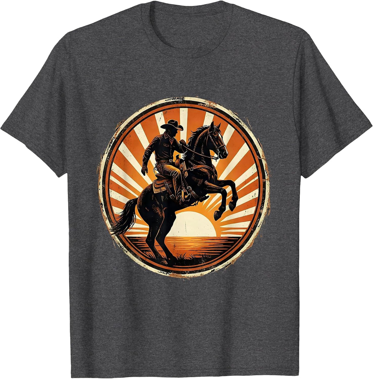Men's Cowboy Silhouette Sunset Horseback Riding Design T-Shirt - Dark Heather Grey