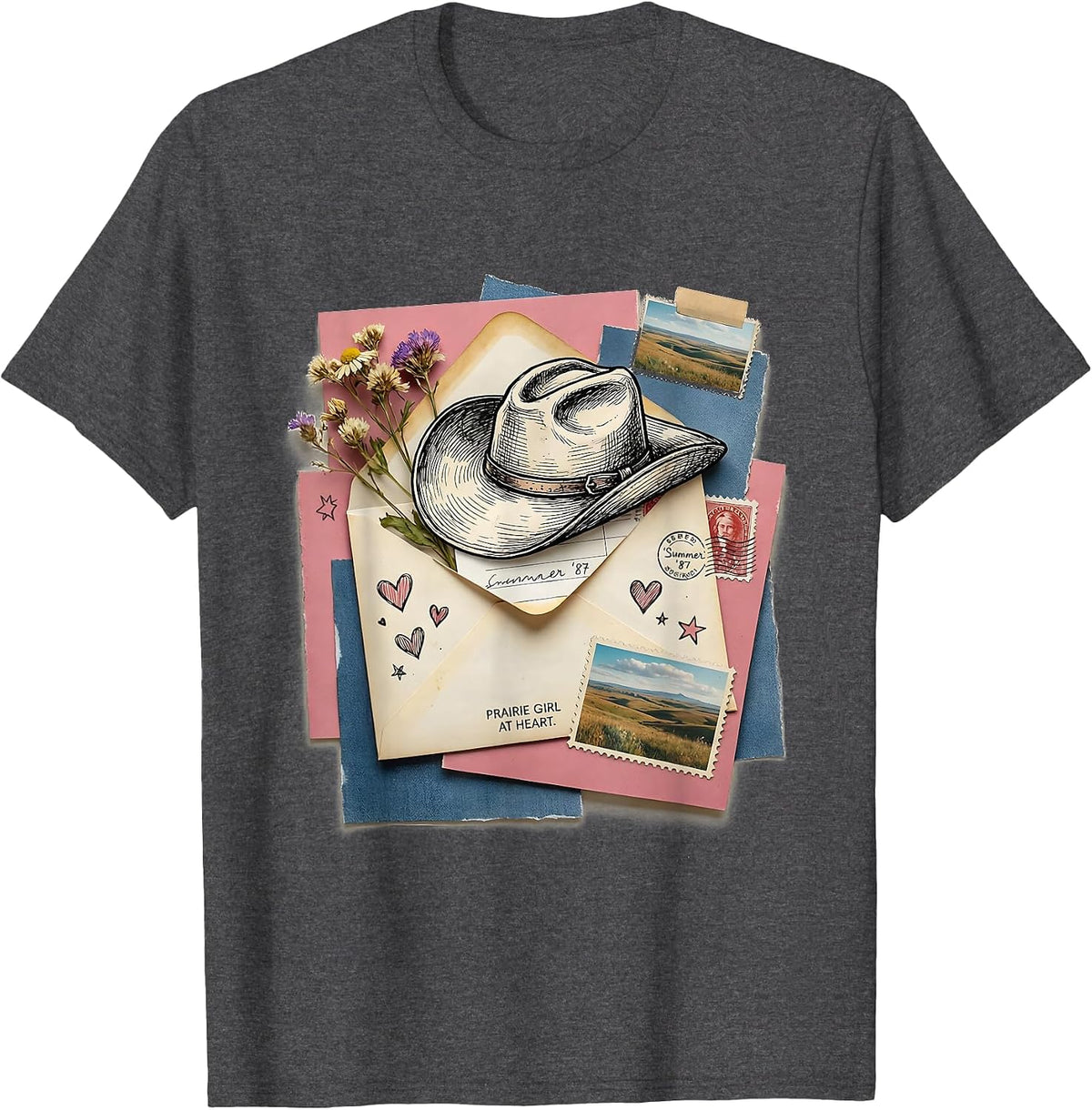 Prairie Girl at Heart White Cowgirl Design T-Shirt - Dark Heather Grey