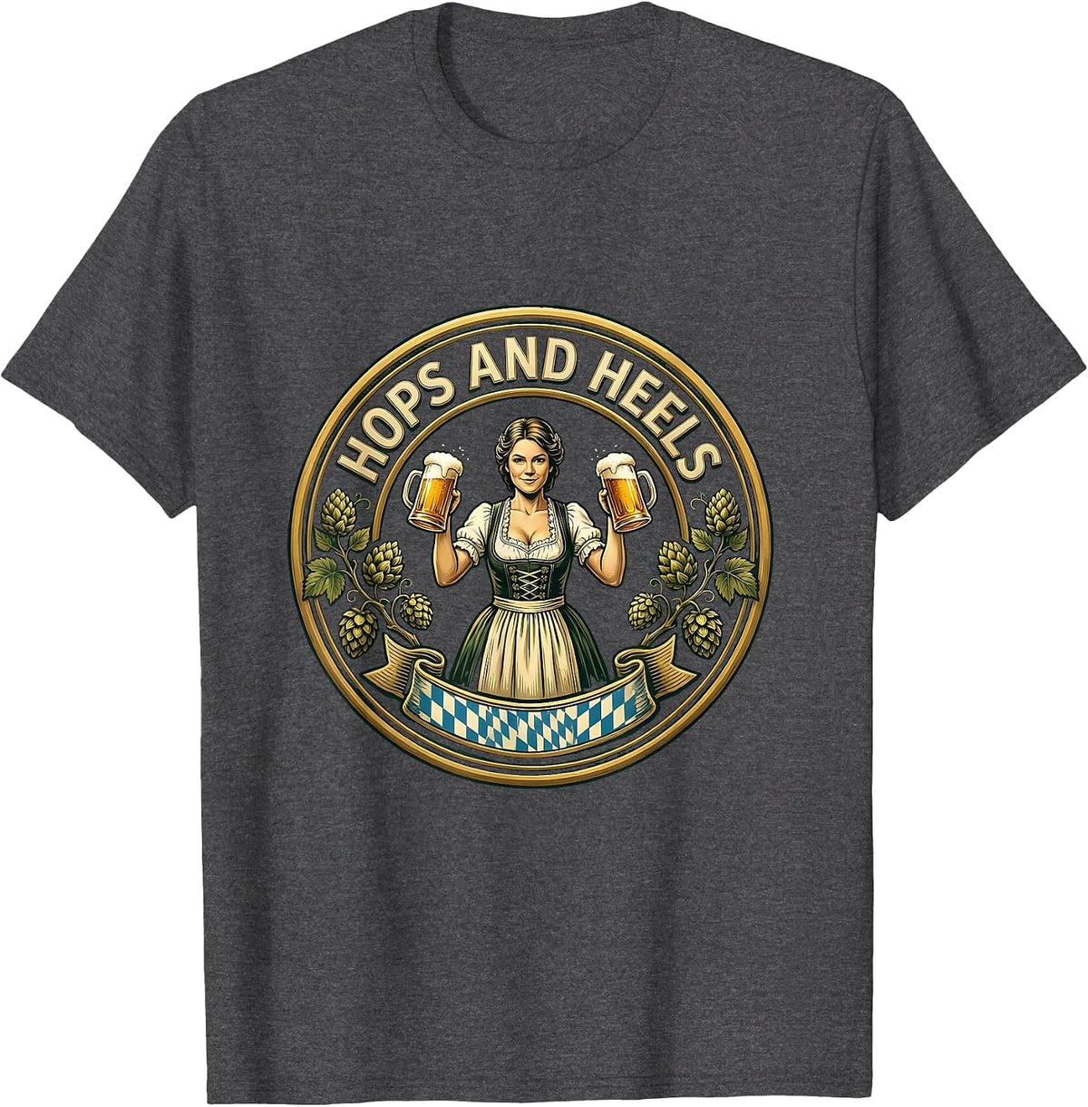 Hops and Heels Oktoberfest Celebration Design T-Shirt - Dark Heather Grey