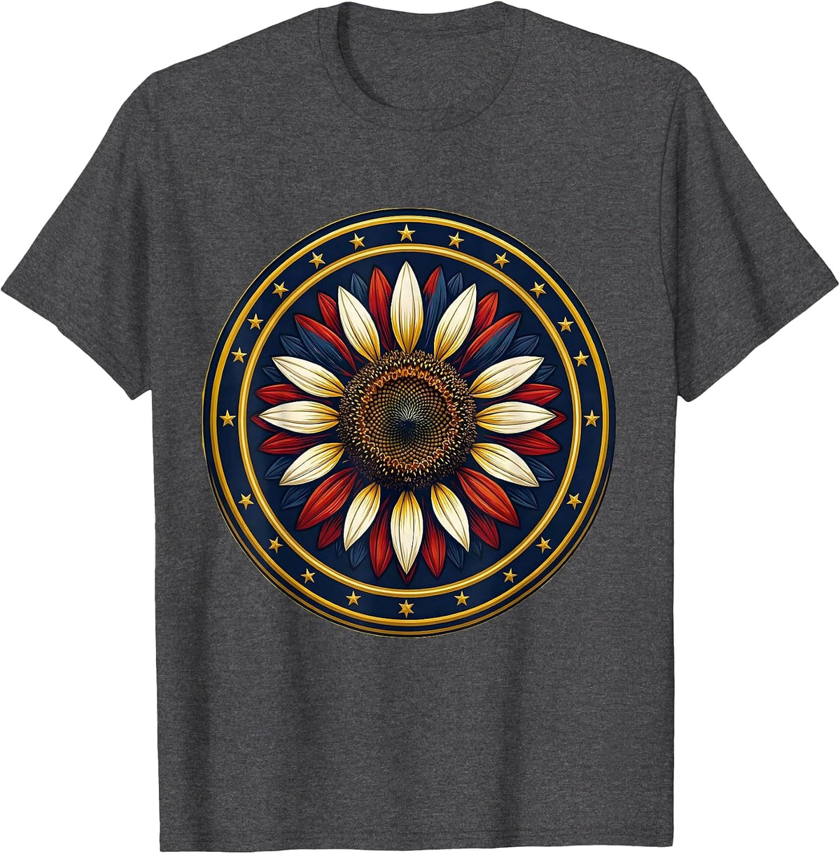 Red White and Blue Sunflower Patriotic Floral T-Shirt - Dark Heather Grey