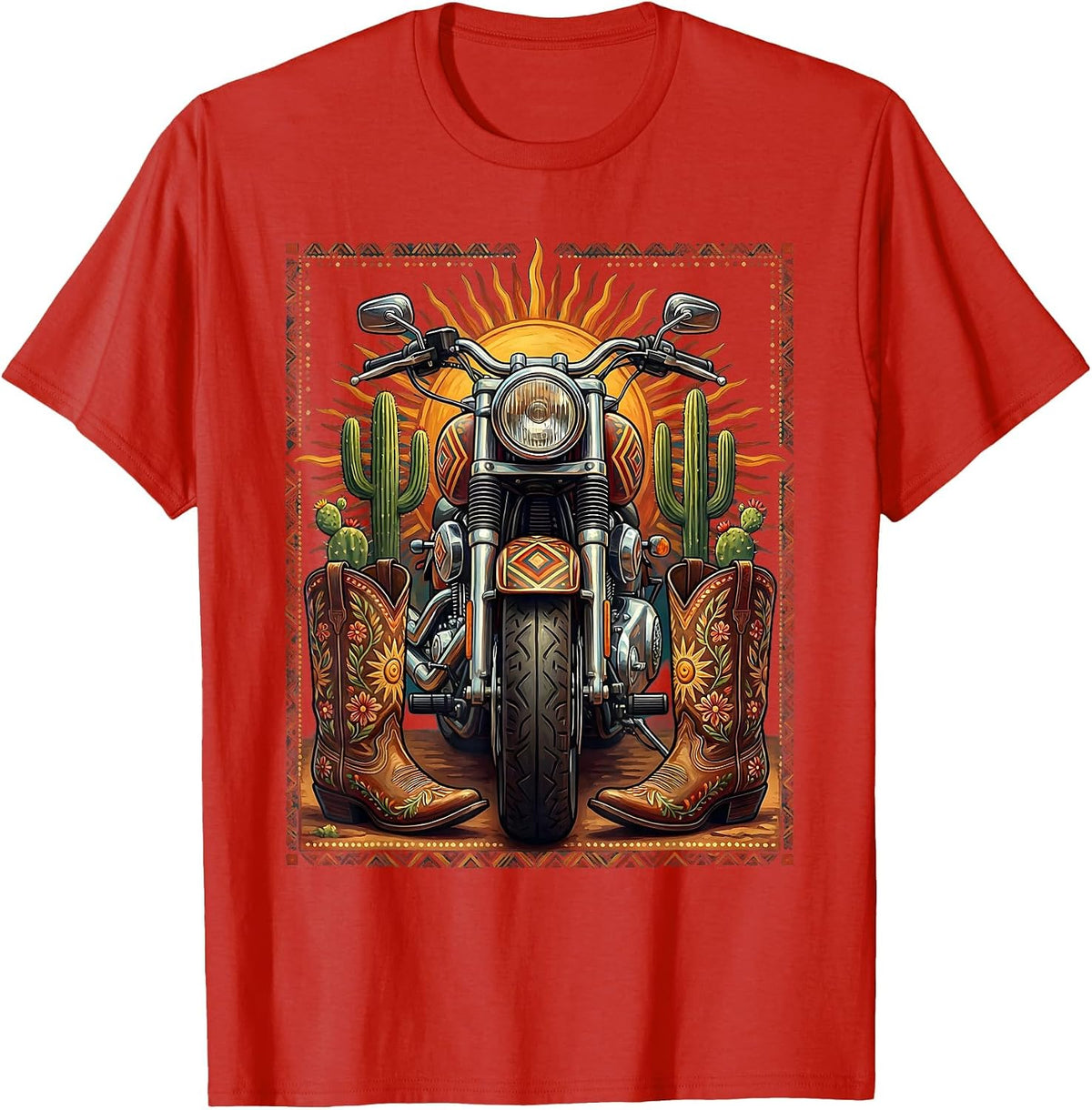 Men's Route 66 Cowboy Boots and Motorcycle Graphic T-Shirt - Red
