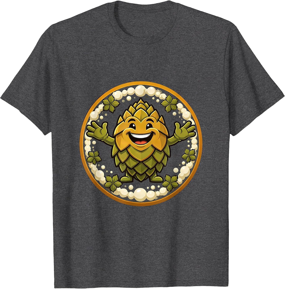 Men's Oktoberfest Hop Flowers and Foam Bubbles Design T-Shirt - Dark Heather Grey