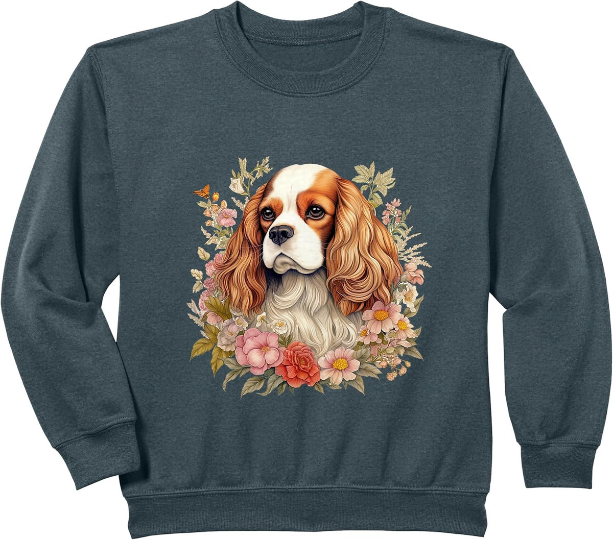 Cavalier King Charles Spaniel Dog with Flowers Floral Sweatshirt - Dark Heather Grey