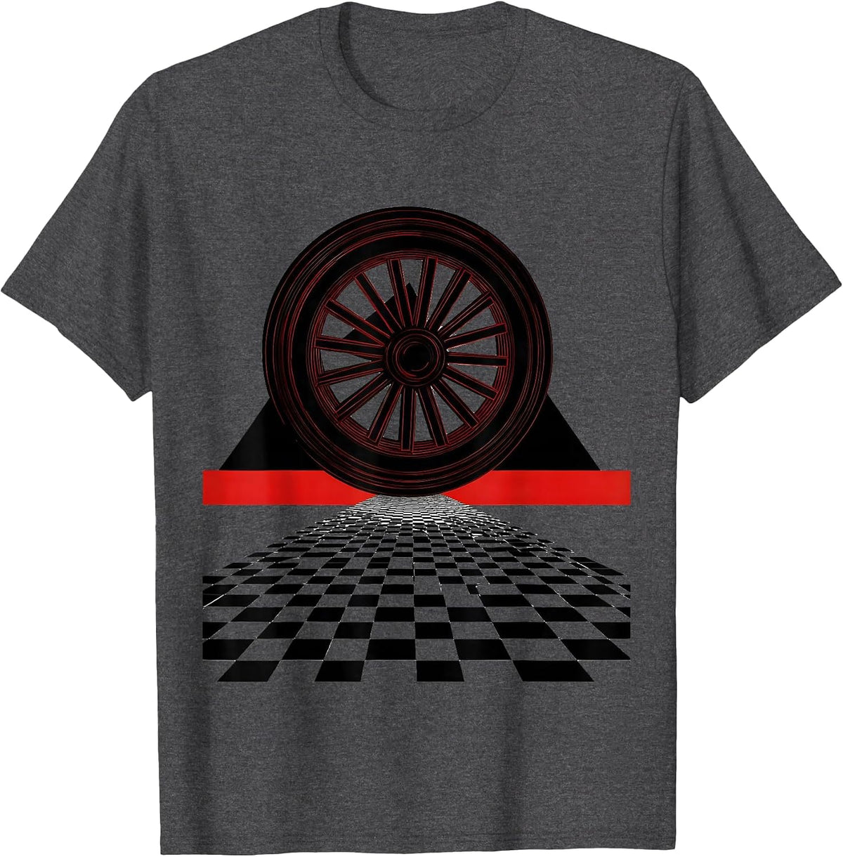 Motorcycle Wheel Spinning on Checkered Road T-Shirt - Dark Heather Grey