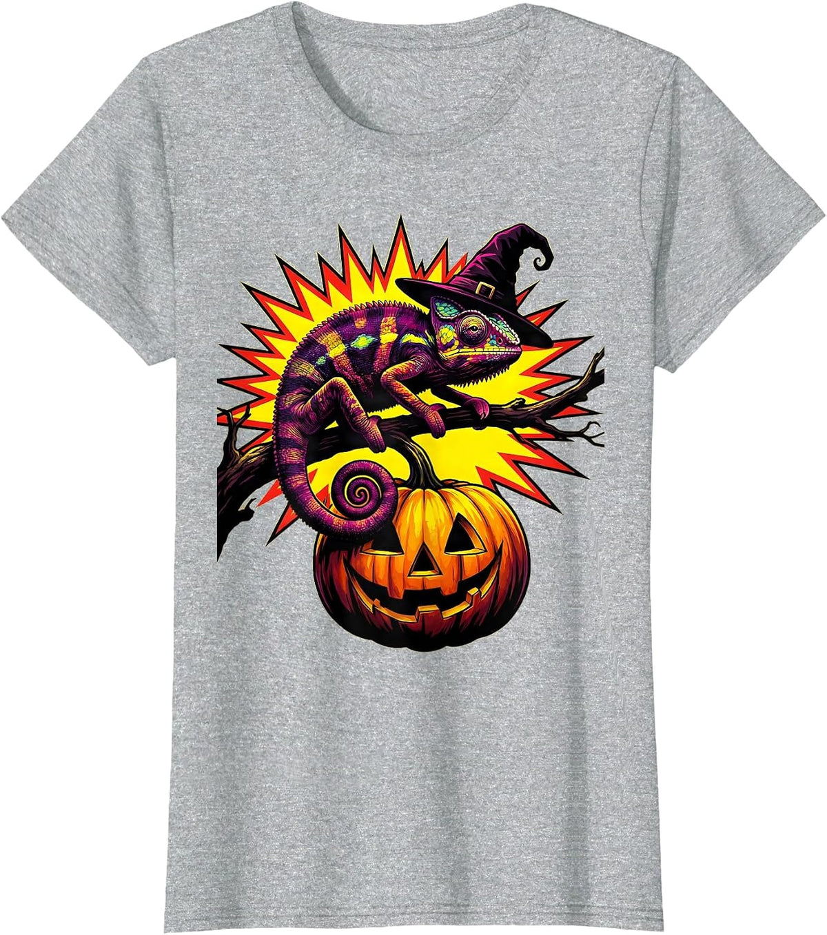 Cheerful Chameleon Halloween Witch Hat Pumpkin Pop Art T-Shirt - Heather Grey