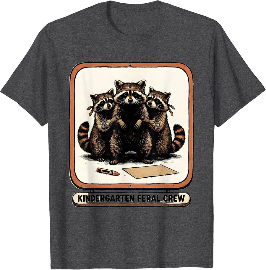Men's Kindergarten Feral Crew Funny Teacher Back to School Raccoon T-Shirt - Dark Heather Grey