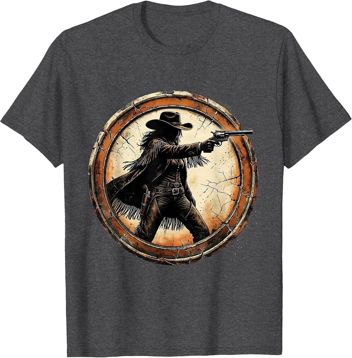 White Cowgirl Drawing Revolver Wide Stance T-Shirt - Dark Heather Grey