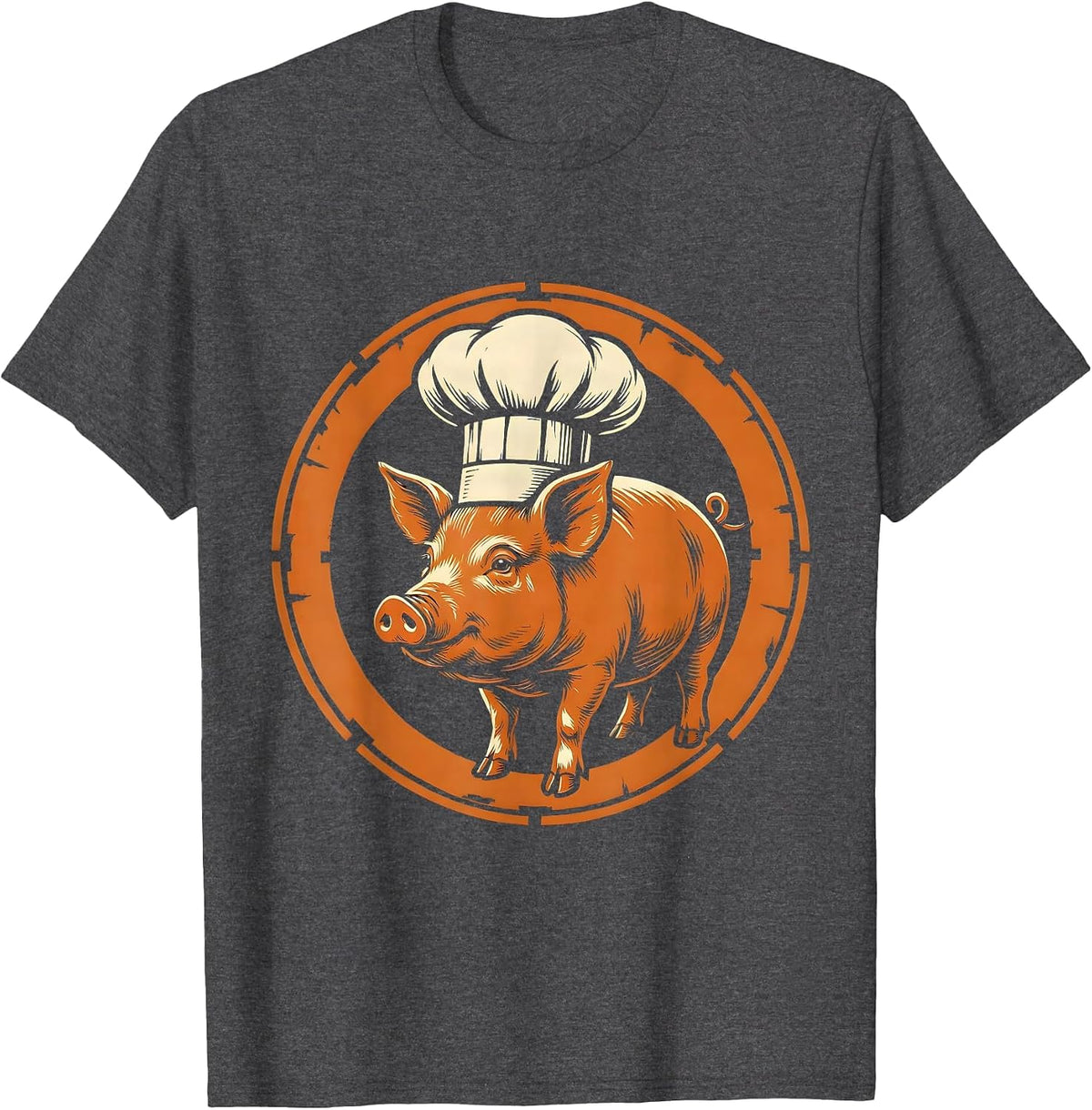 Men's Whole Roasted Pig Chef Hat Graphic Tee T-Shirt - Dark Heather Grey