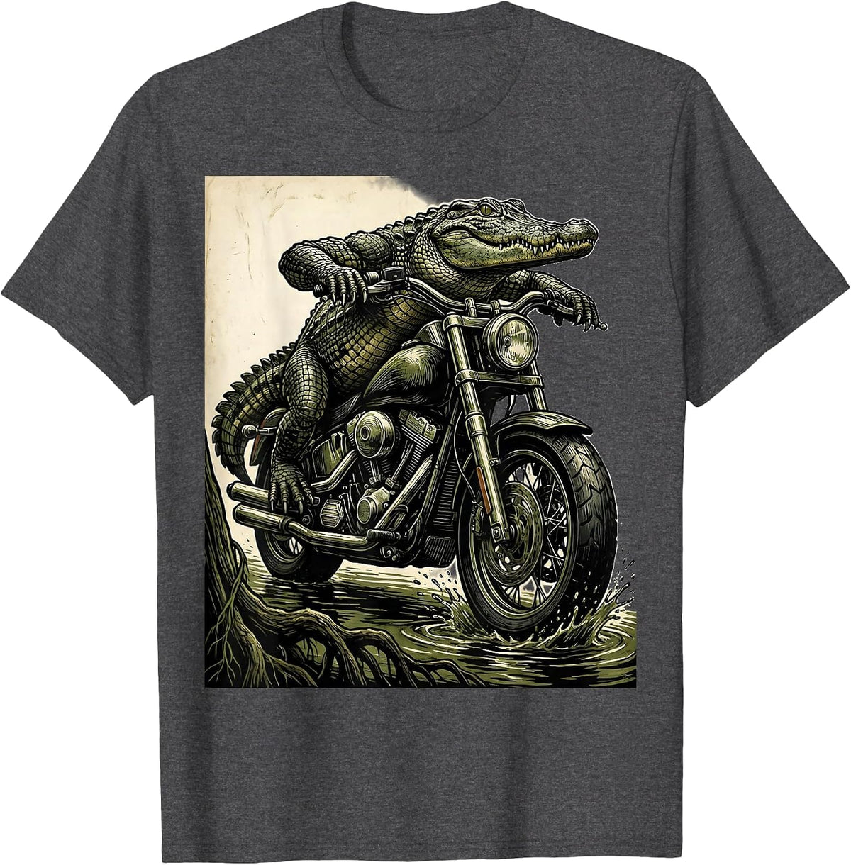 Gator Riding Motorcycle Through the Swamp T-Shirt - Dark Heather Grey