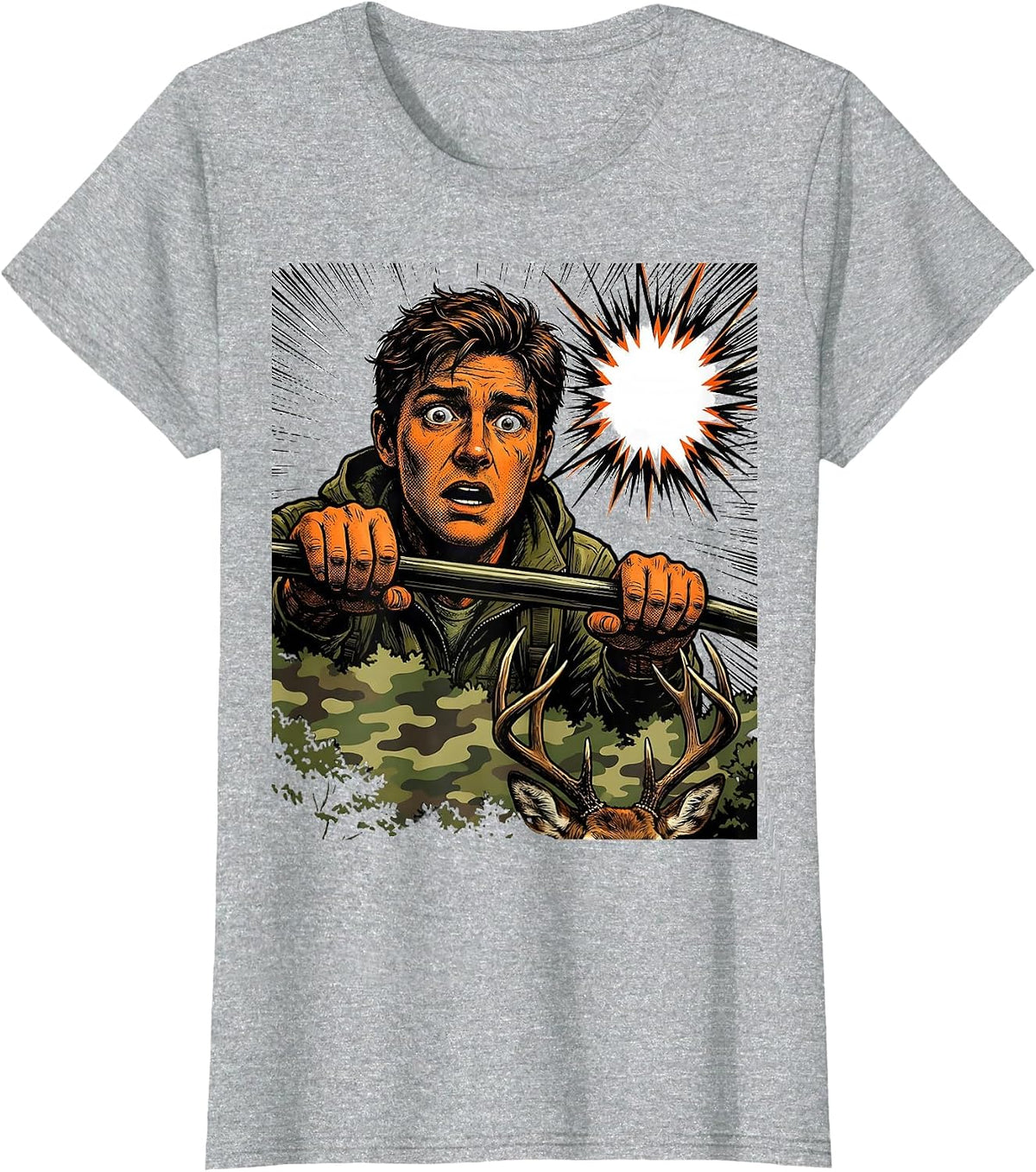 Startled Hunter Youth Humor Deer Hunting Camo T-Shirt - Heather Grey