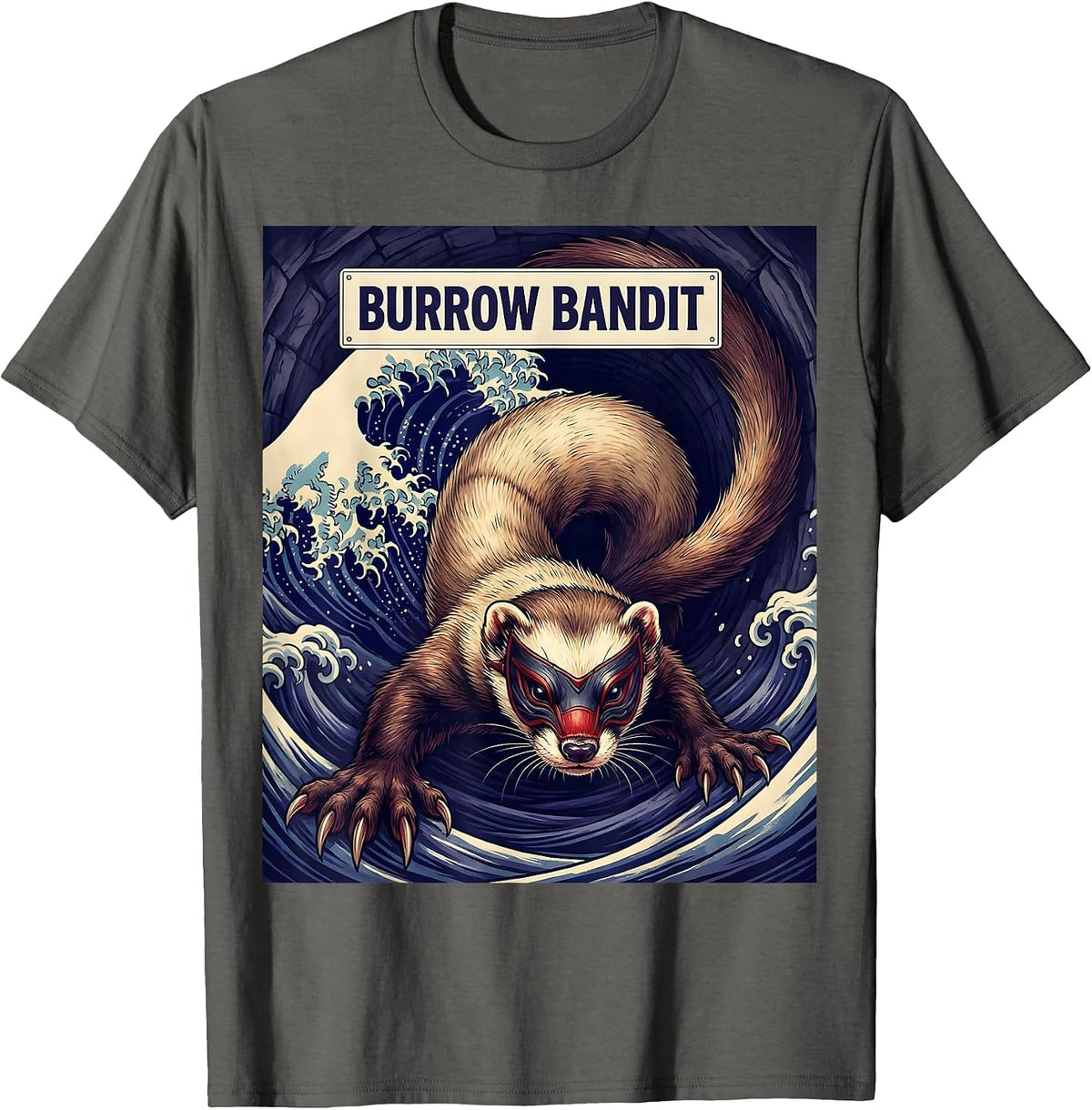 Burrow Bandit Ukiyo-e Ferret Lover Funny Pet Humor T-Shirt - Asphalt Grey