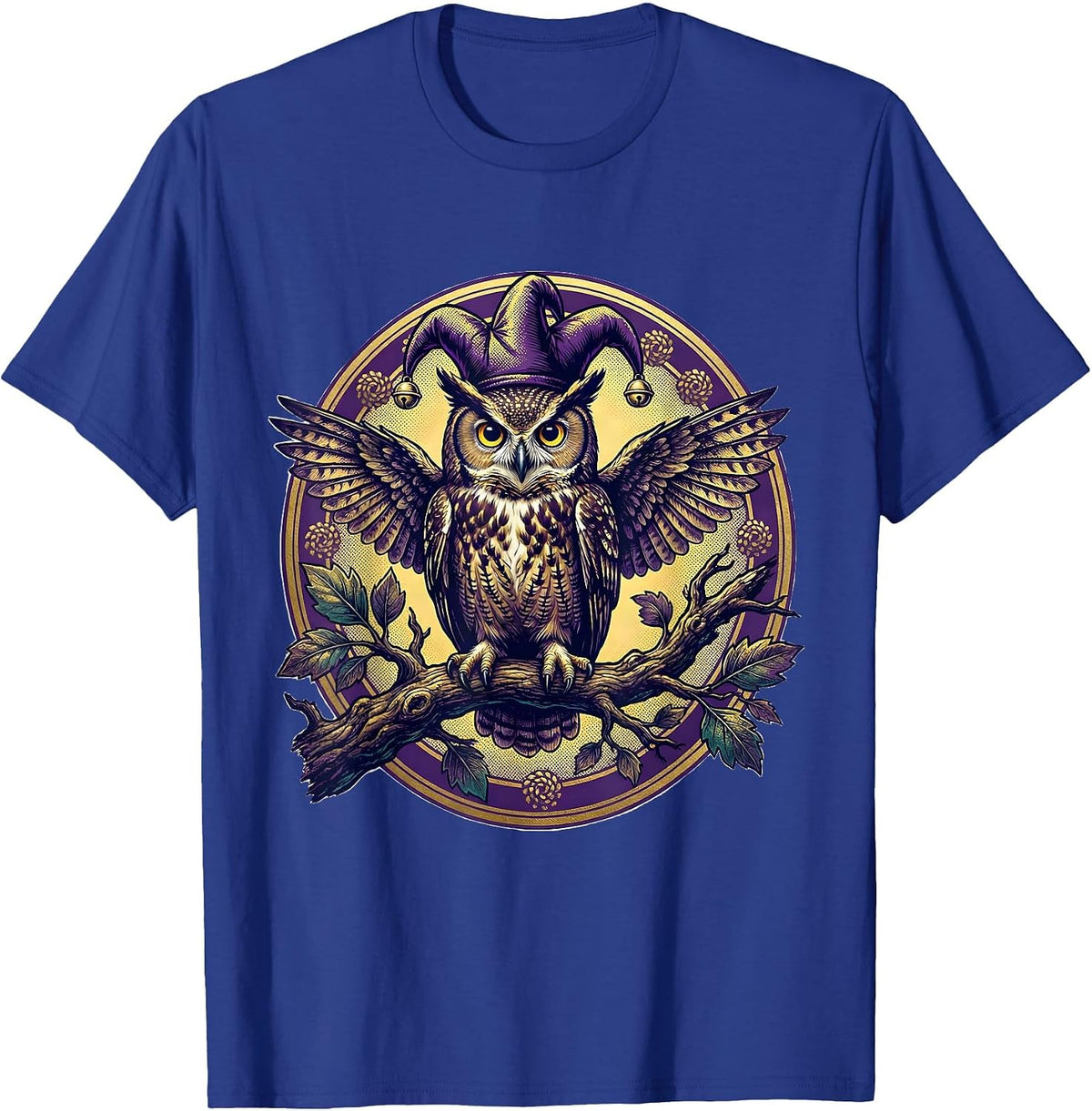 Men's Mardi Gras Owl Jester Hat Oak Branch Design T-Shirt - Royal Blue
