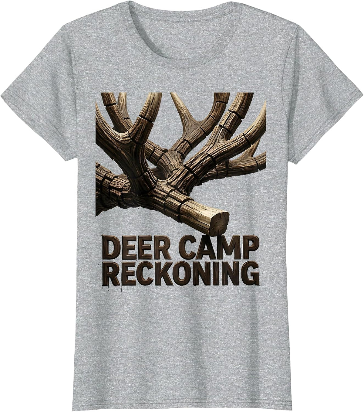 Deer Camp Reckoning Wood Type Letterpress Camo Deer Hunting T-Shirt - Heather Grey