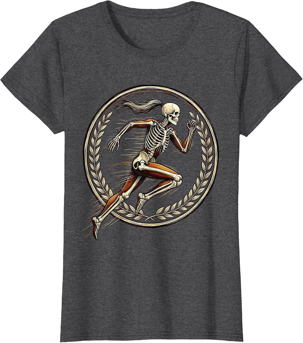 Women's Skeleton Runner Ponytail Flying Graphic Tee T-Shirt - Dark Heather Grey