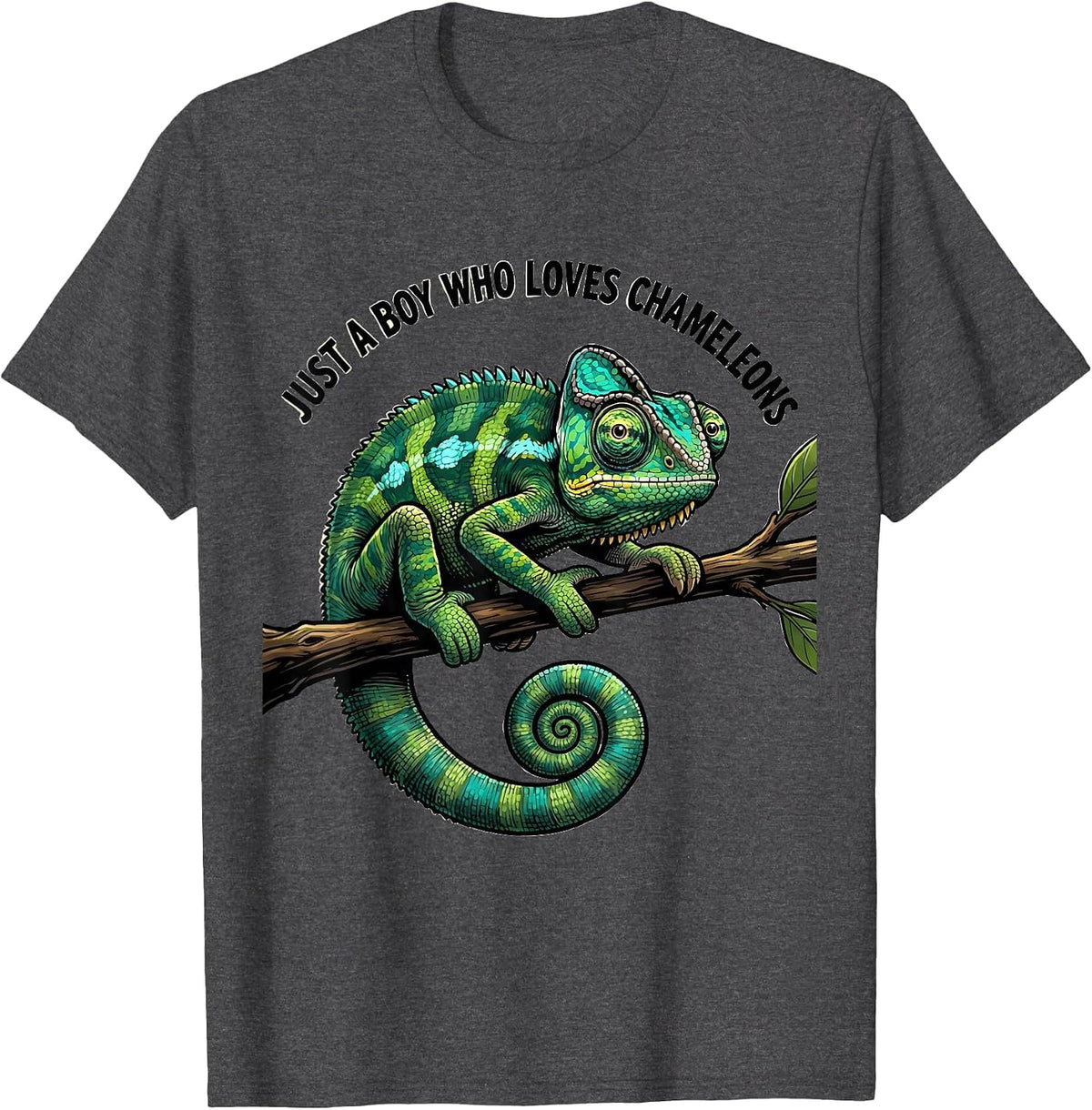 Men's Just A Boy Who Loves Chameleons Funny Reptile Lover Cartoon T-Shirt - Dark Heather Grey