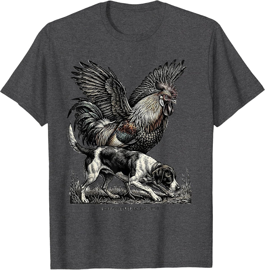 Men's Sworn Keeper Of The Limit Woodcut Engraving Pheasant Hunter T-Shirt - Dark Heather Grey