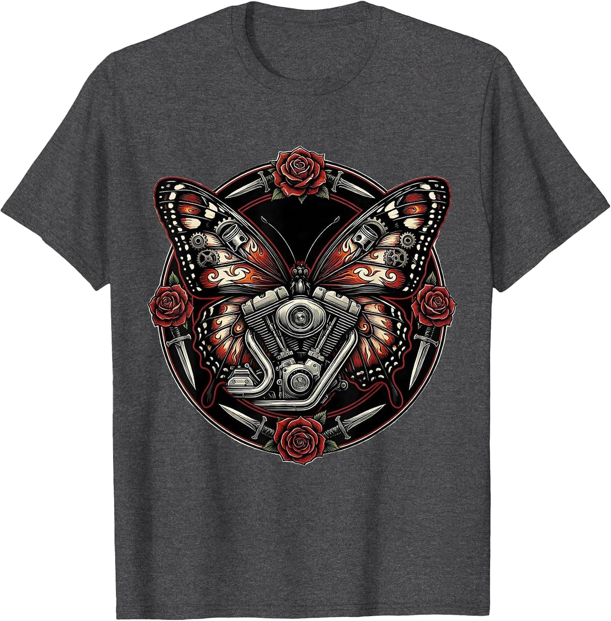 Men's Butterfly Wings Motorcycle Engine Graphic Tee T-Shirt - Dark Heather Grey