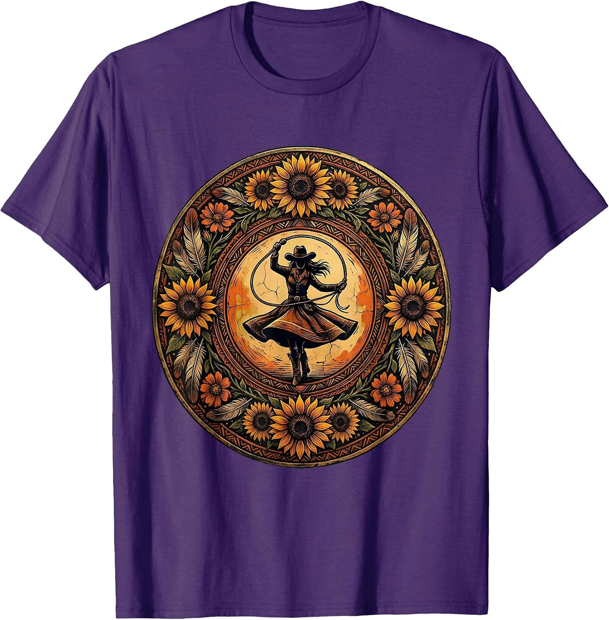 Men's White Cowgirl Twirling Lasso at Sunset T-Shirt - Purple