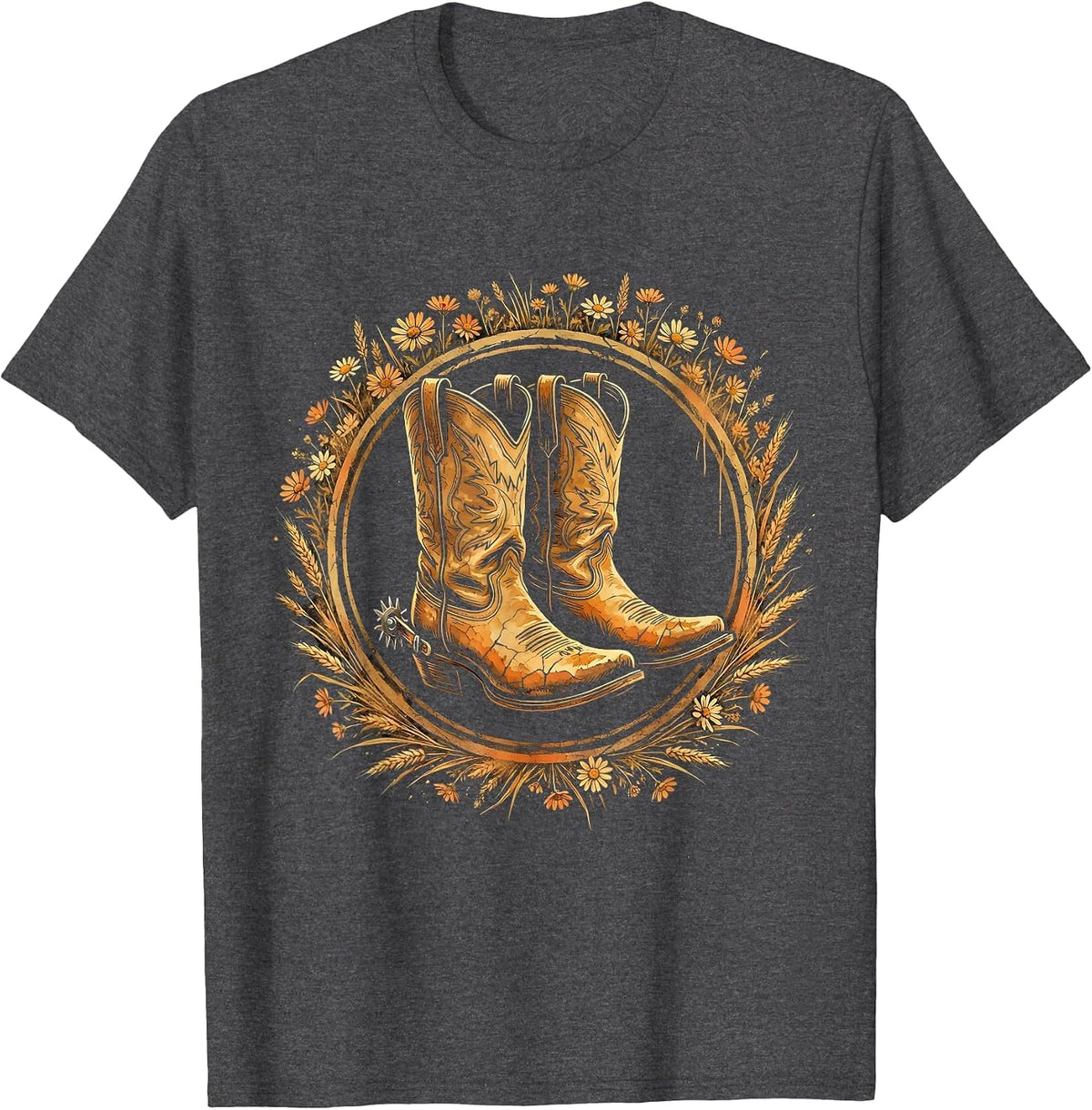 Cowboy Boots With Spurs and Dust Graphic T-Shirt - Dark Heather Grey