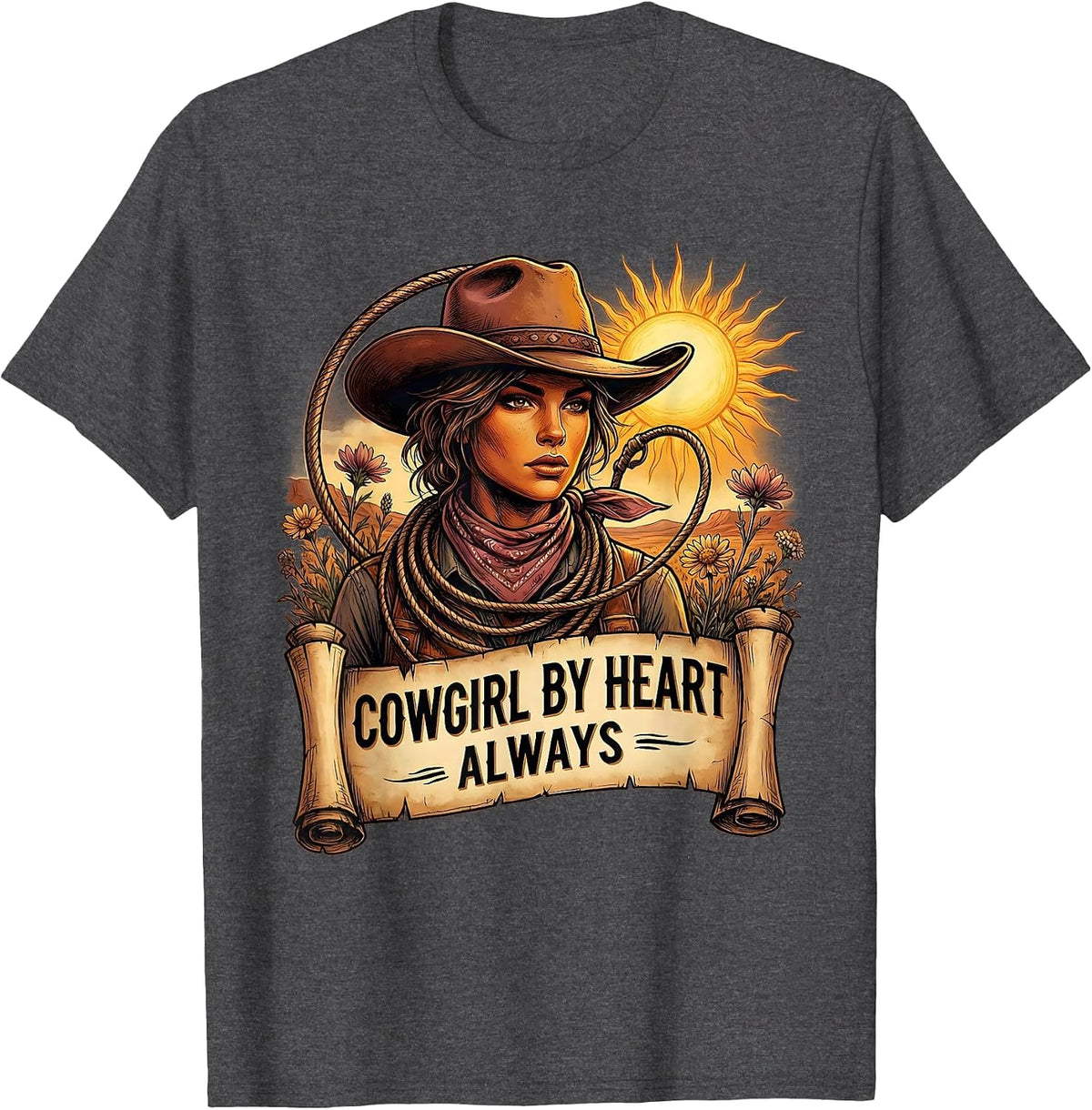 Men's Cowgirl By Heart Always Western Spirit Design T-Shirt - Dark Heather Grey