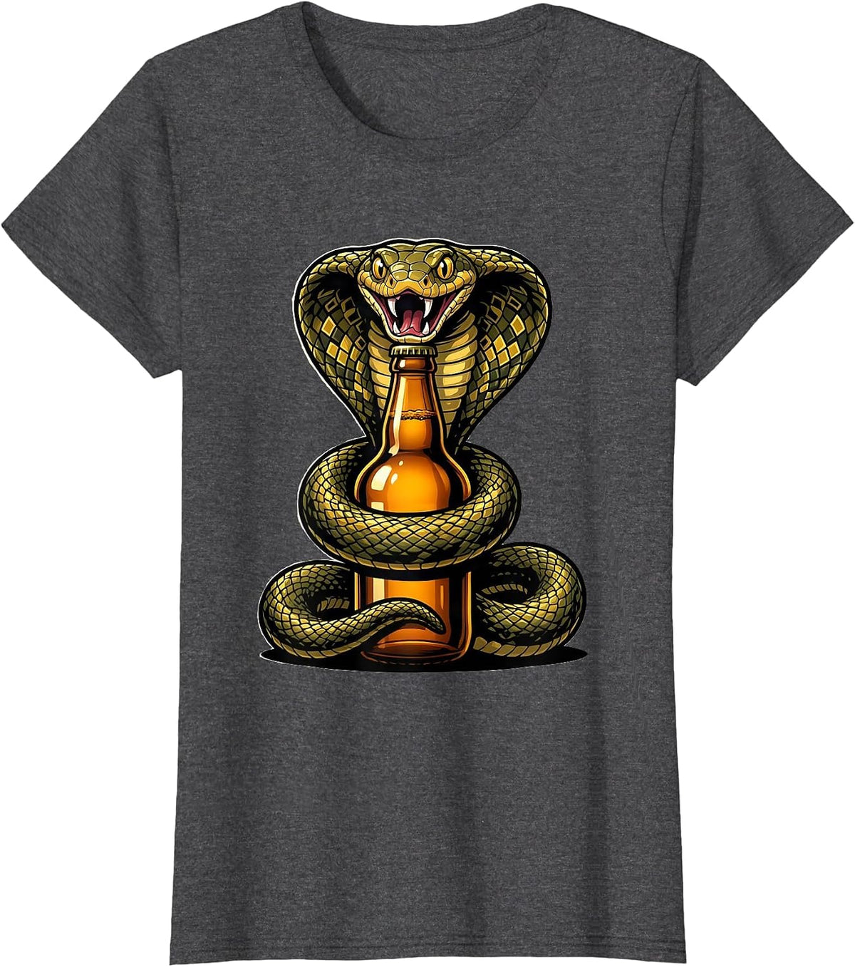 Women's King Cobra Coiled Around Beer Bottle Graphic T-Shirt - Dark Heather Grey