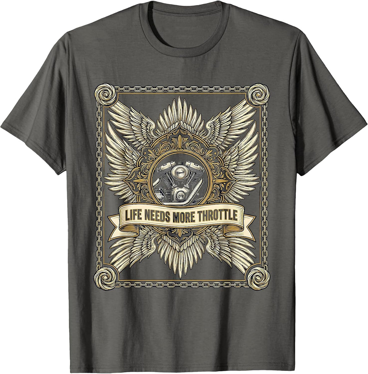 Life Needs More Throttle Motorcycle Design T-Shirt - Asphalt Grey