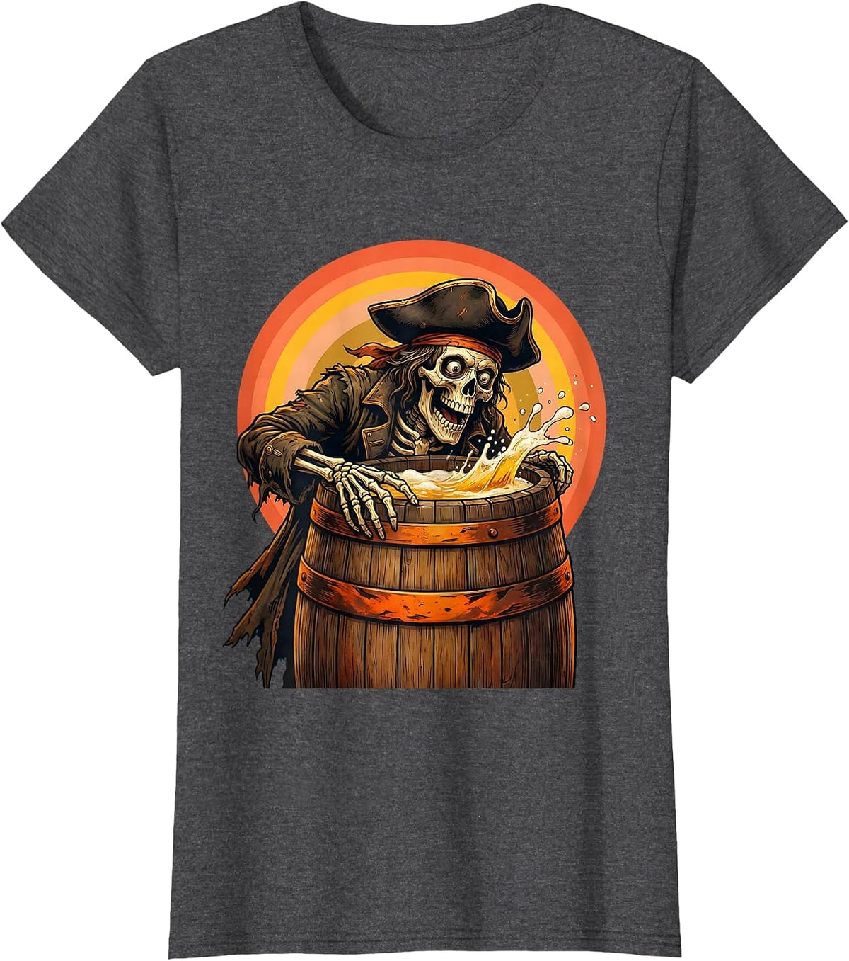 Women's Skeleton Pirate Beer Barrel Discovery Graphic T-Shirt - Dark Heather Grey