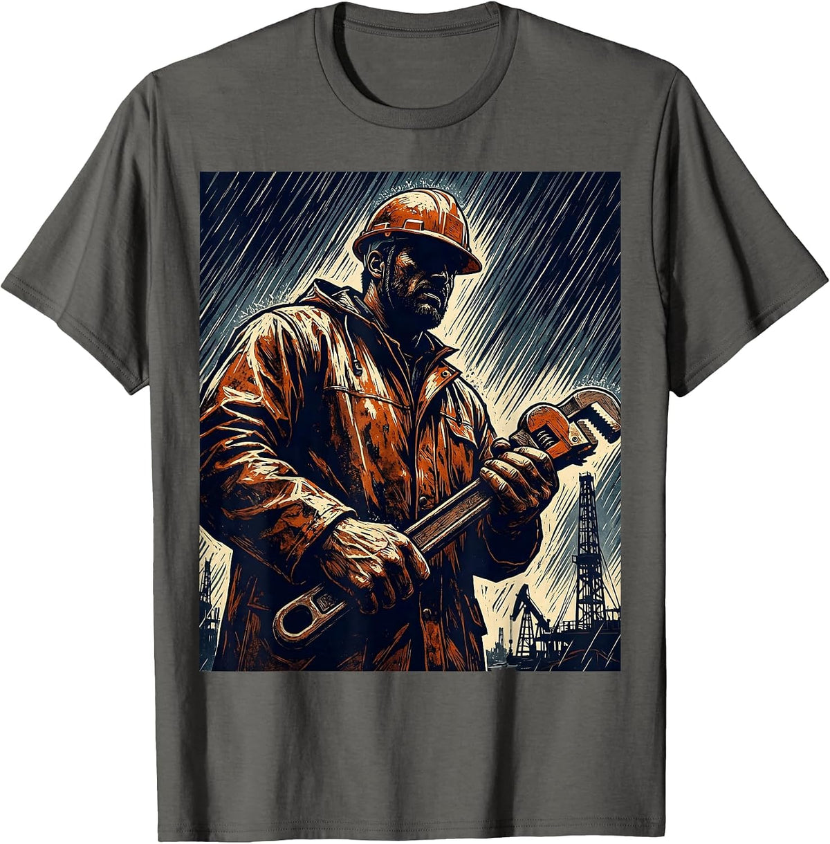 Oil Rig Worker in Hard Rain Graphic Tee T-Shirt - Asphalt Grey