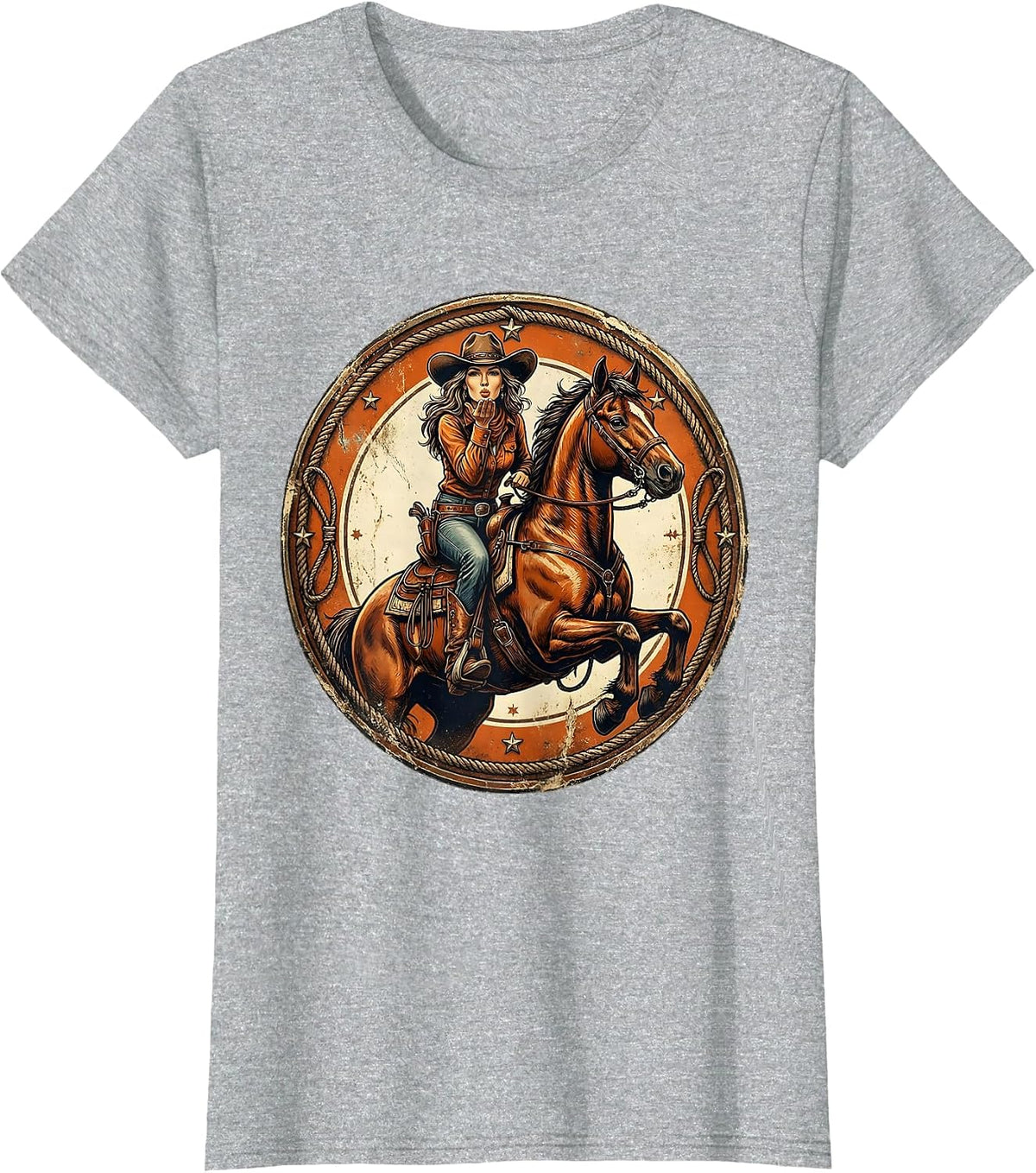 Women's Sassy Cowgirl Blowing Kiss From Horseback T-Shirt - Heather Grey