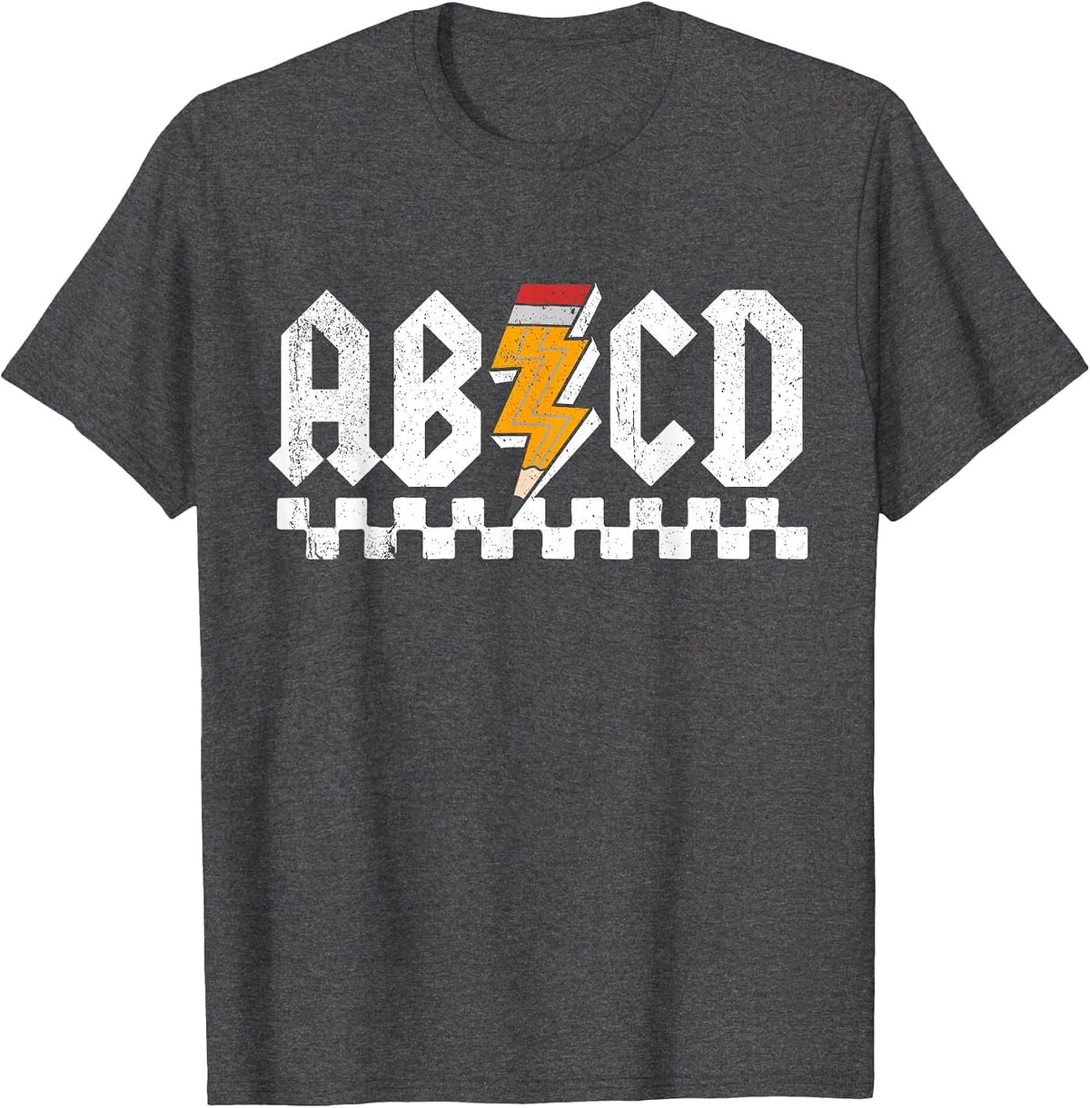 AB CD Lightning Checkered Pencil Leopard Testing Day Teacher T-Shirt - Dark Heather Grey