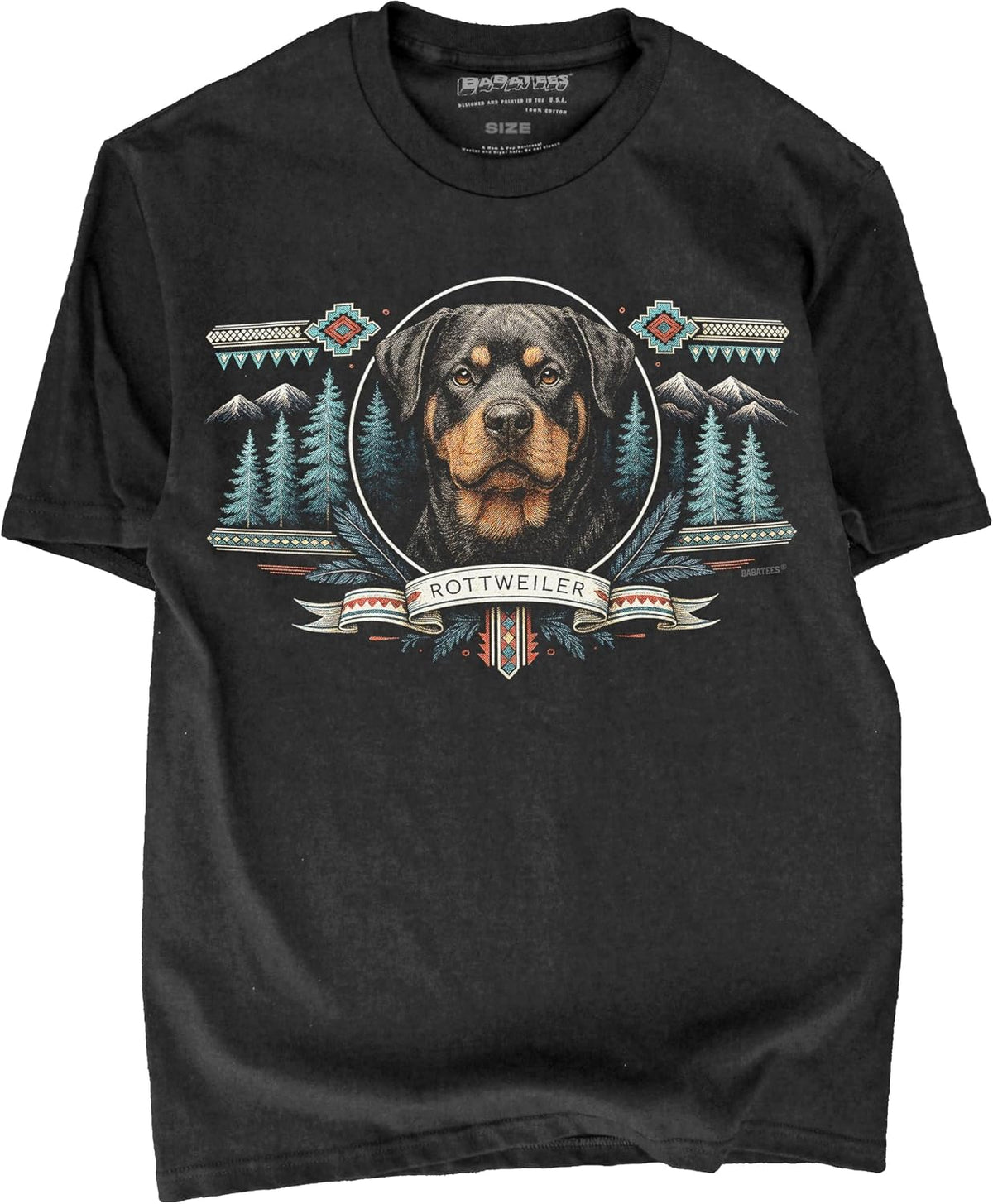 BABATEES Wilderness Inspired Dog Artwork Black Tshirt – 100% Cotton - for Men & Women - Rottweiler