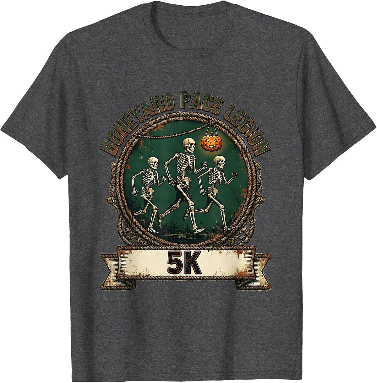 Boneyard Pace Legion 5K Vintage Halloween Skeleton Runner 5K T-Shirt - Dark Heather Grey