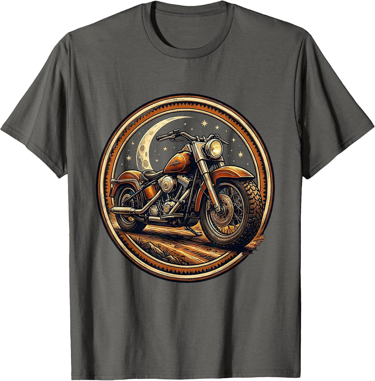 Vintage Bobber Motorcycle Starry Night Graphic T-Shirt - Asphalt Grey