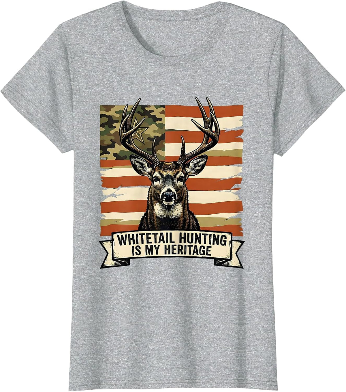 Women's Whitetail Hunting Is My Heritage Patriotic Camo Deer Hunter T-Shirt - Heather Grey