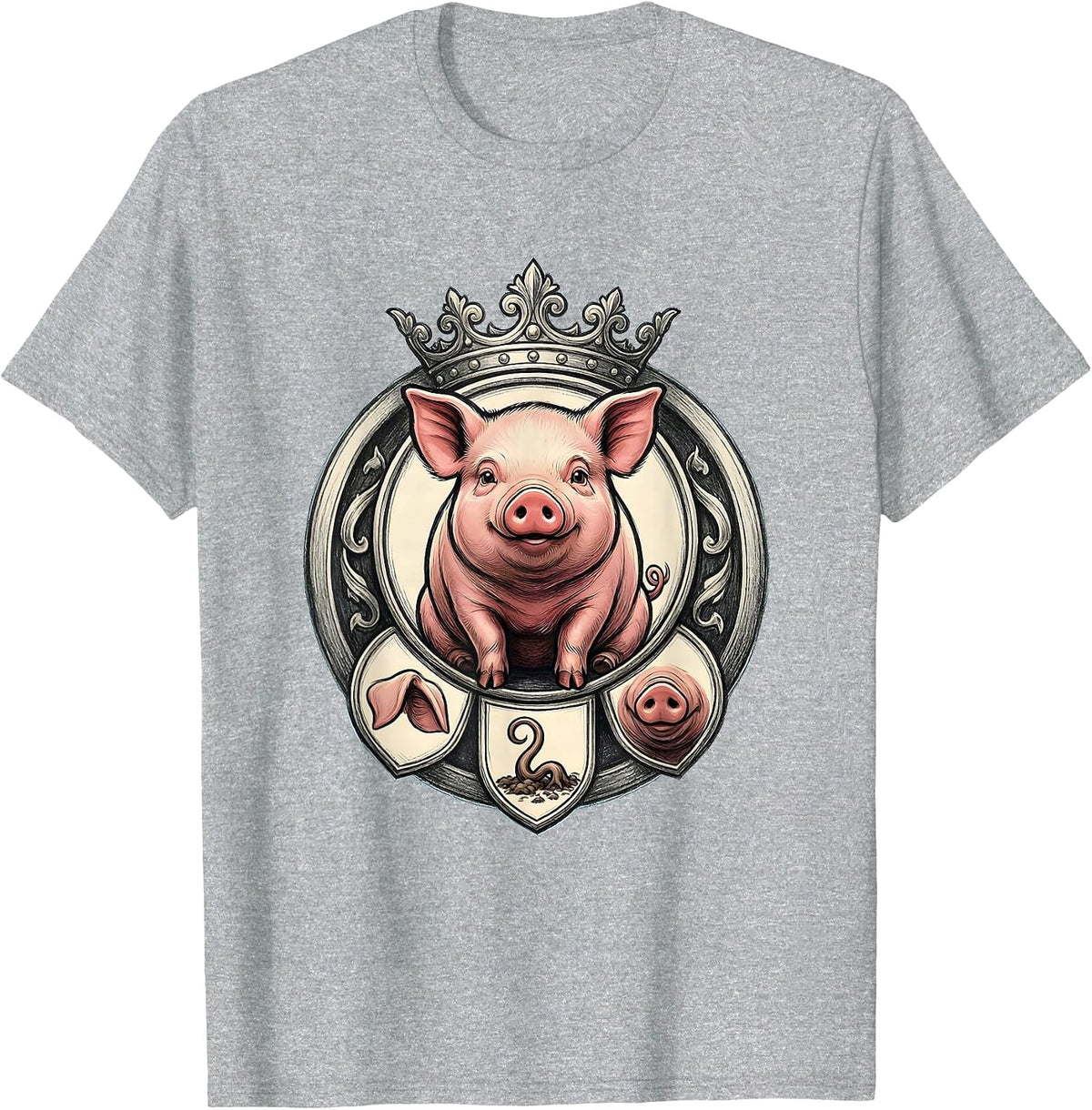 Men's Potbellied Pig Crest Cute Cartoon Pig Lover Emblem T-Shirt - Heather Grey