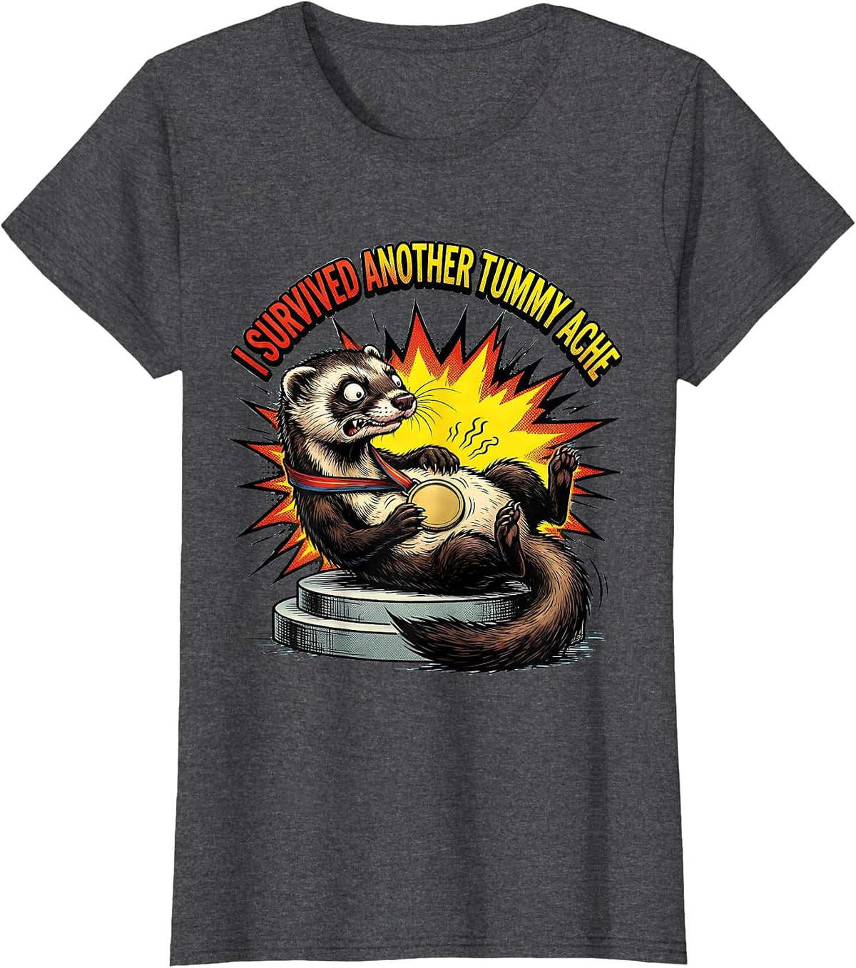 I Survived Another Tummy Ache Funny Ferret Meme Humor T-Shirt, Women, Dark Heather Grey, XX-Large - As Pictured