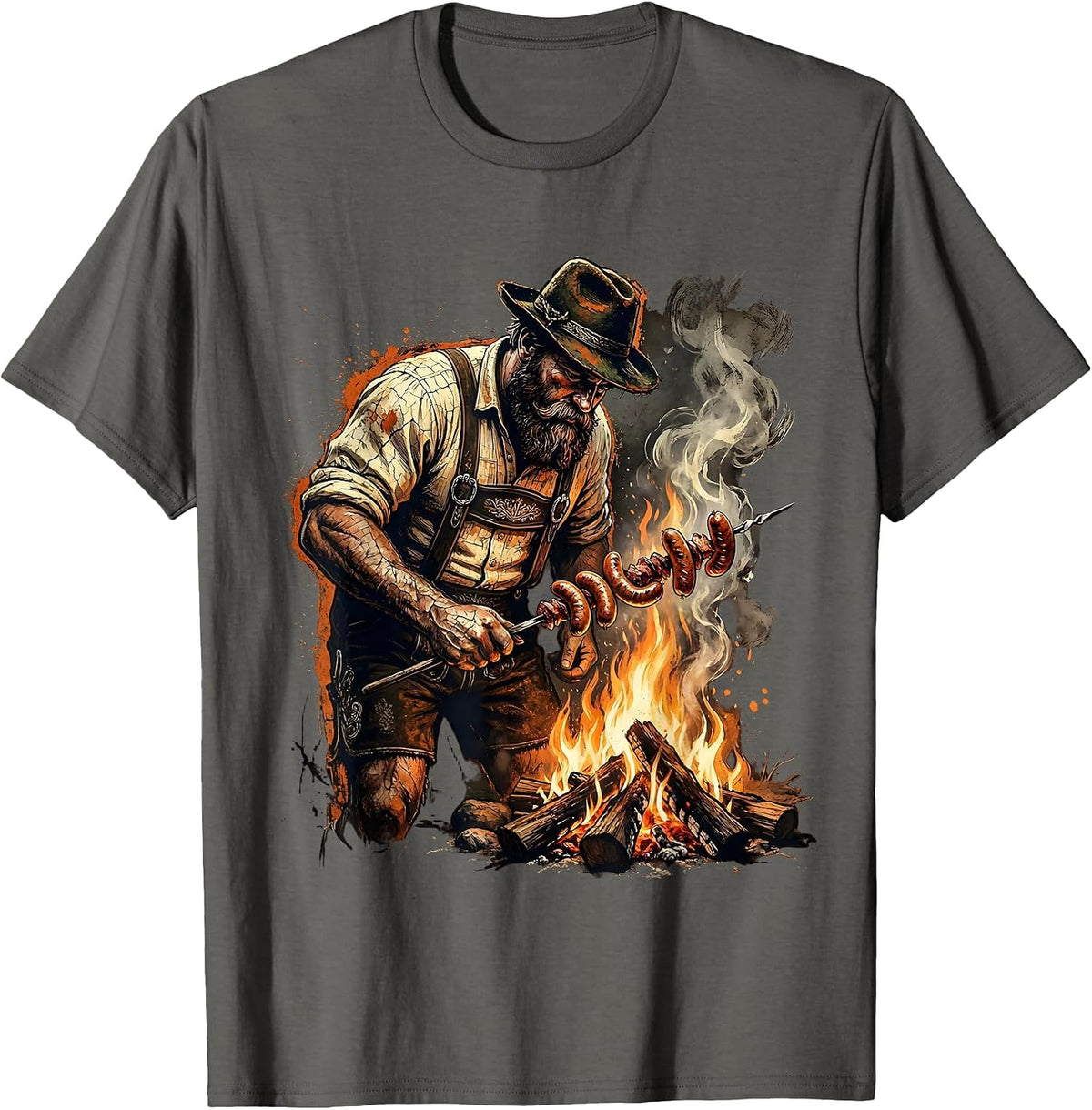 Oktoberfest Bearded Grillmaster Campfire Sausage T-Shirt - Asphalt Grey
