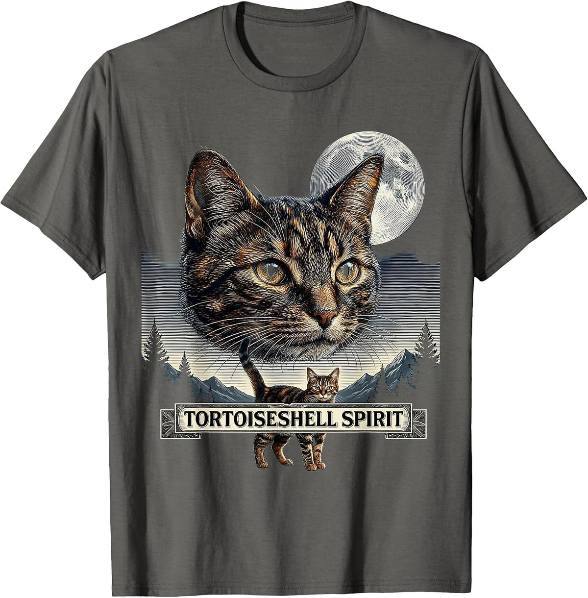 Tortoiseshell Spirit Crosshatch Etching 90s Retro Cat Art T-Shirt - Asphalt Grey